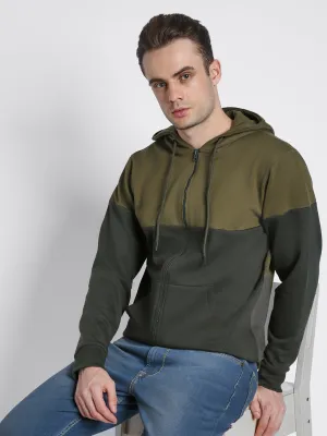 Men's Olive colorblock Front-Open Hooded Sweatshirt