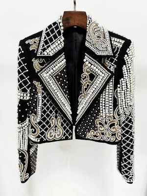 Pearls & Embroidery Cropped Velvet Jacket