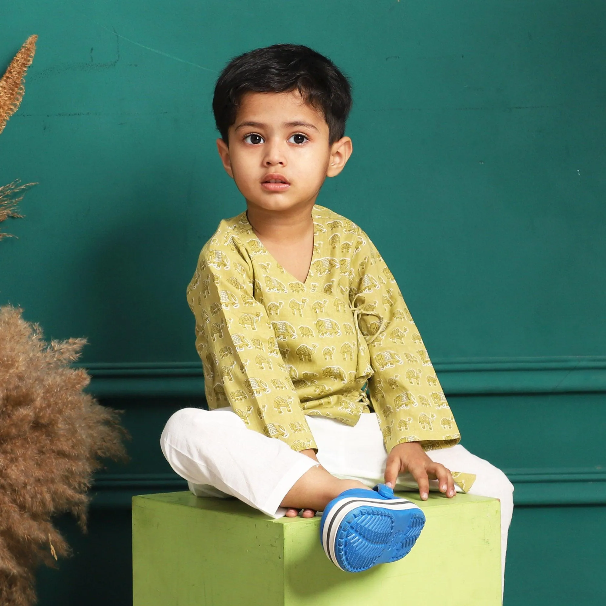 Polka Tots 100% Super Soft Cotton Full Sleeve Elephant Print Front Open Angrakha Kedia Pant Set - Green