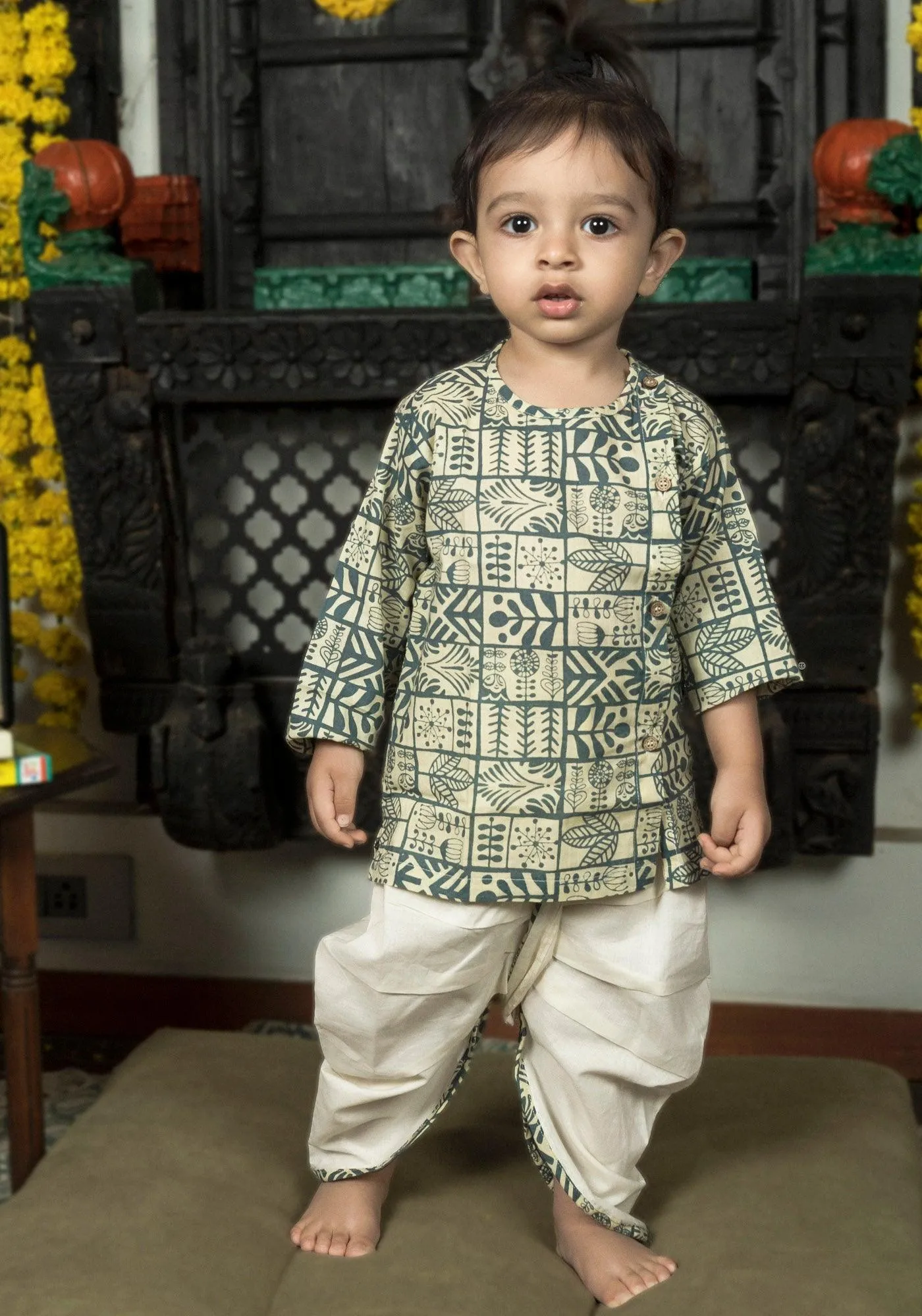 Polka Tots 100% Super Soft Cotton Full Sleeve Geometric Print Angrakha Top With Dhoti - Cream & Grey