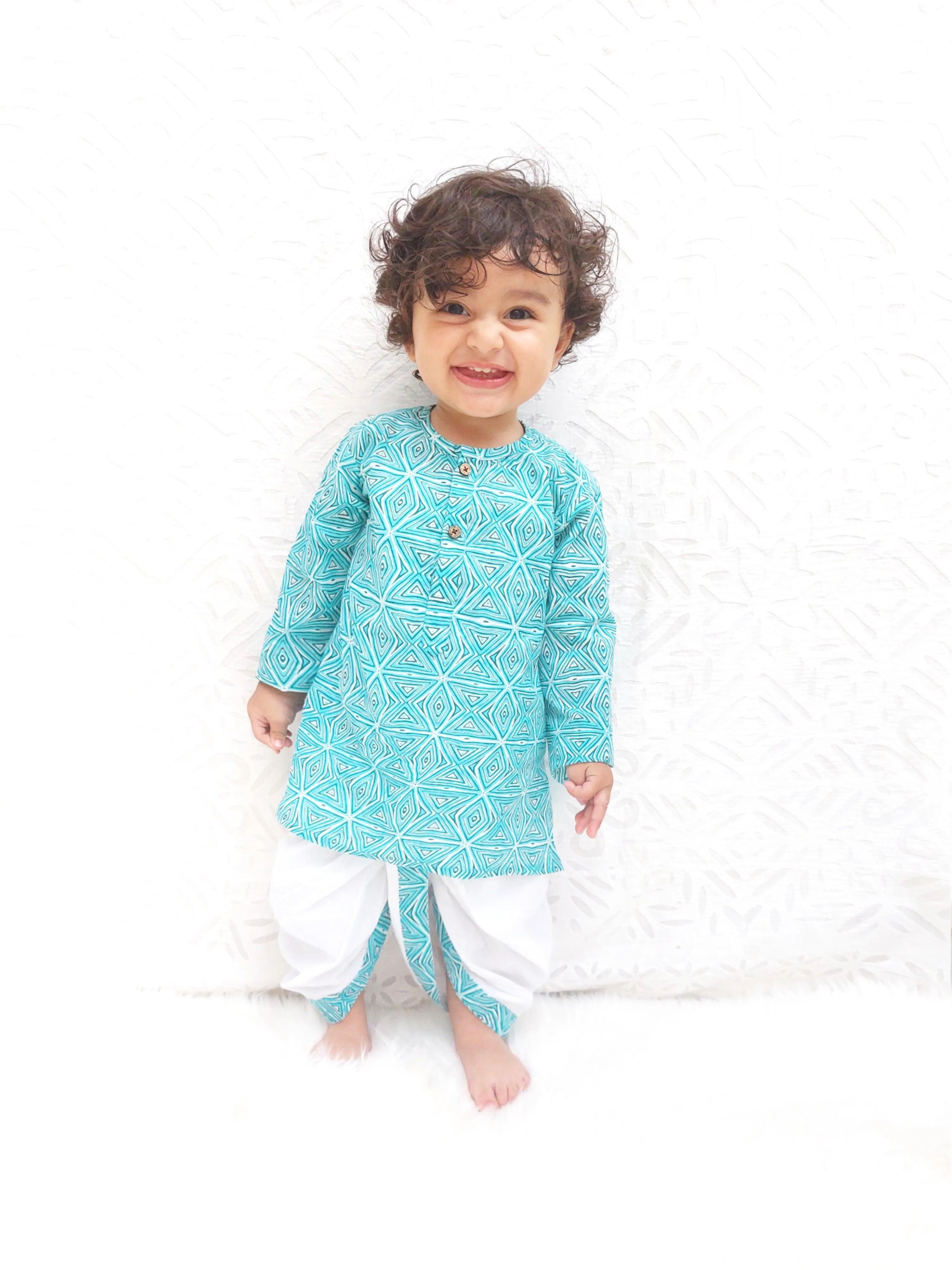 Polka Tots 100% Super Soft Cotton Geometric Print Full Sleeve Kurta With Dhoti Set - Sky Blue