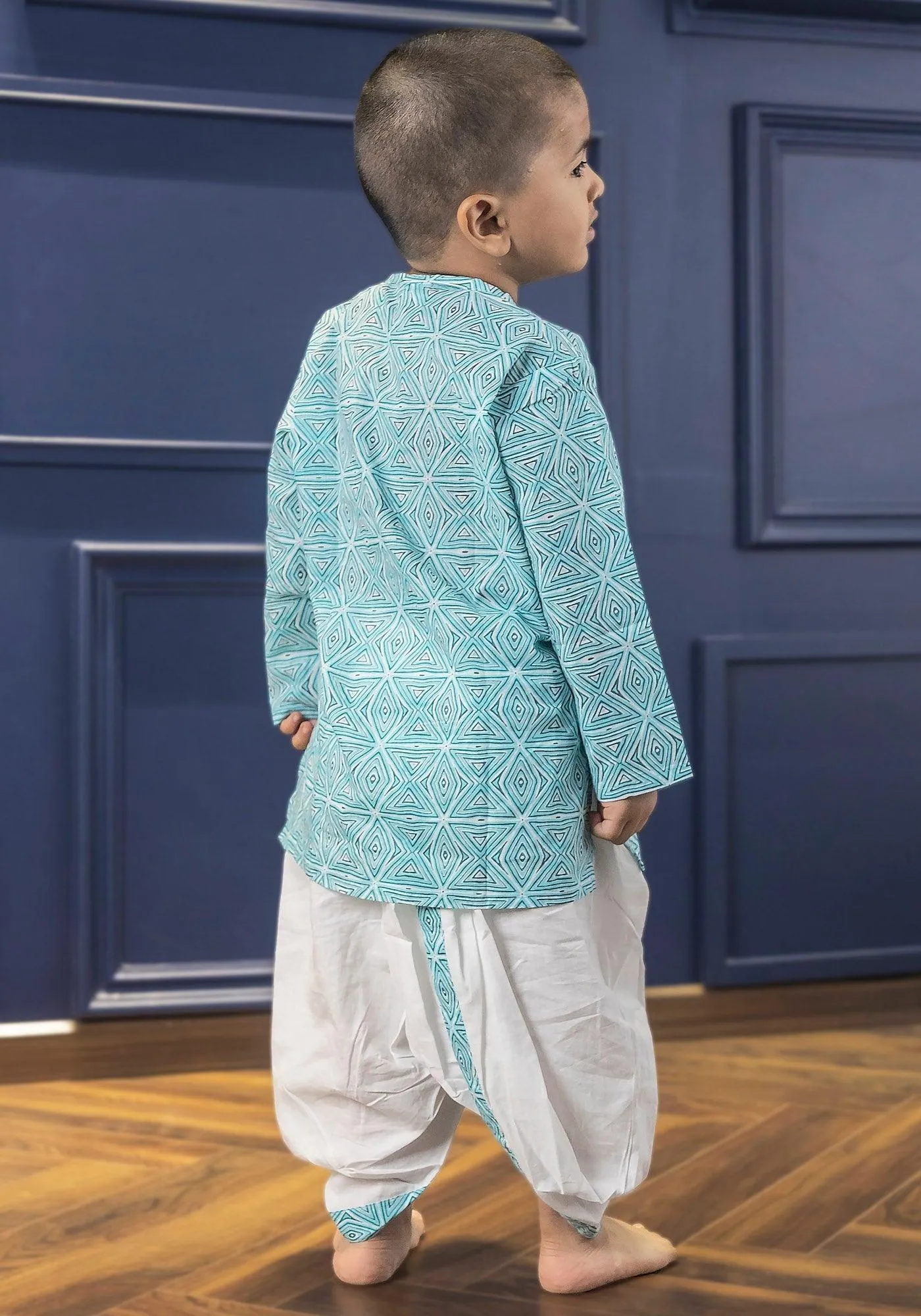 Polka Tots 100% Super Soft Cotton Geometric Print Full Sleeve Kurta With Dhoti Set - Sky Blue