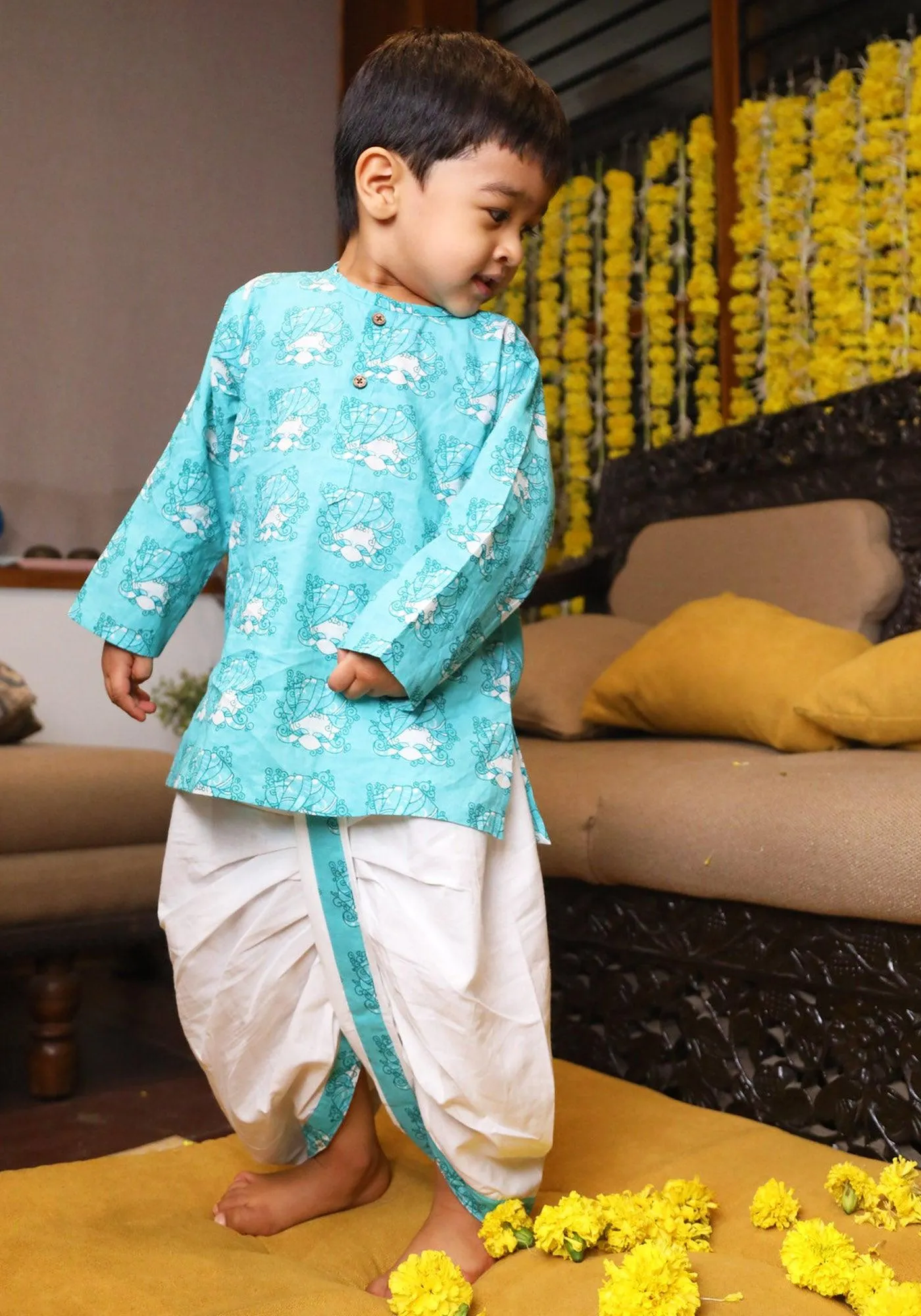 Polka Tots 100% Super Soft Cotton Tribal Print Full Sleeve Kurta With Dhoti Set - Sky Blue