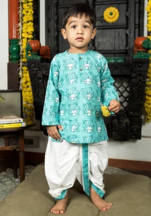 Polka Tots 100% Super Soft Cotton Tribal Print Full Sleeve Kurta With Dhoti Set - Sky Blue