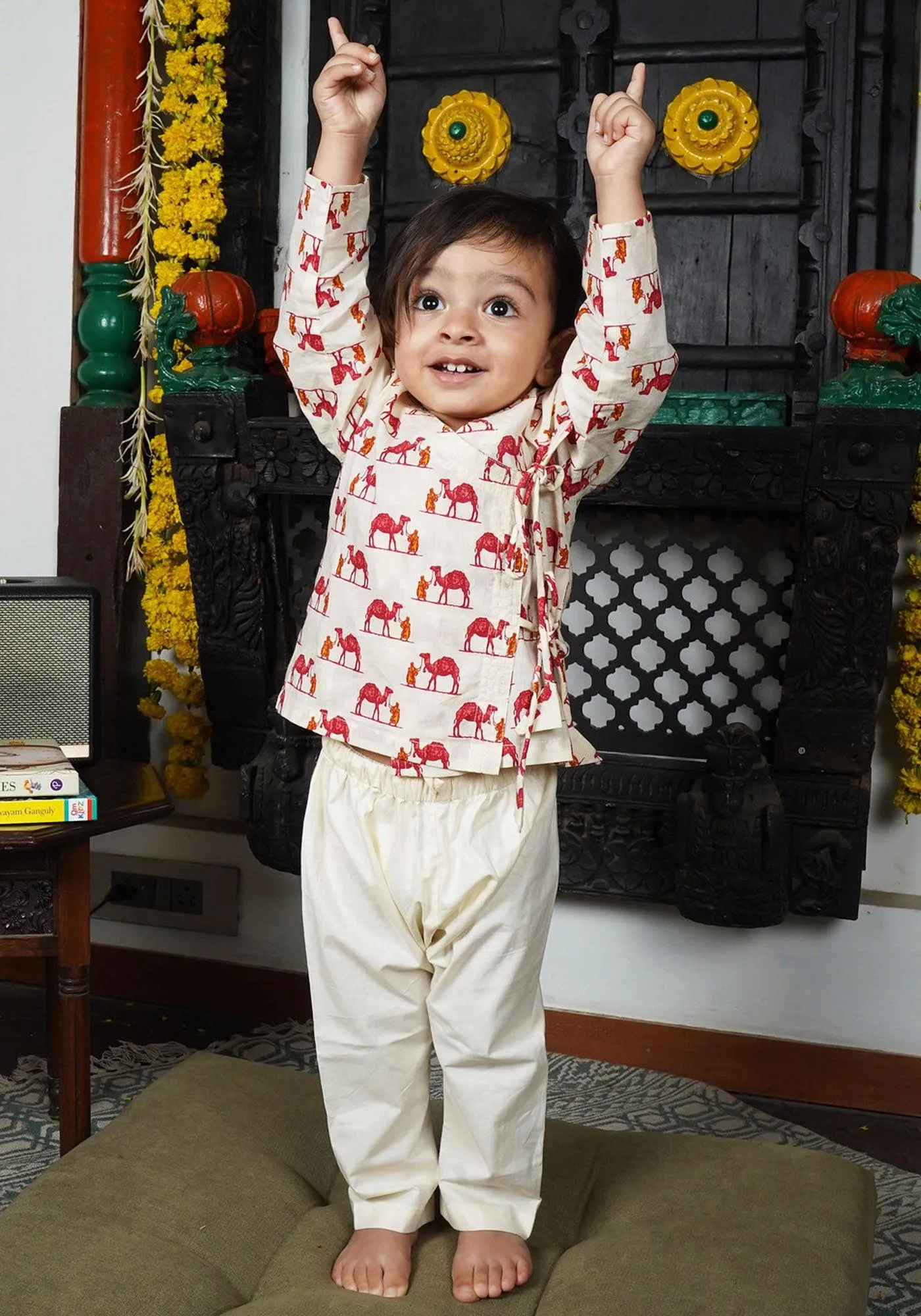 Polka Tots Cotton Camel Print Full Sleeves Angrakha Kedia Pant Set - Cream