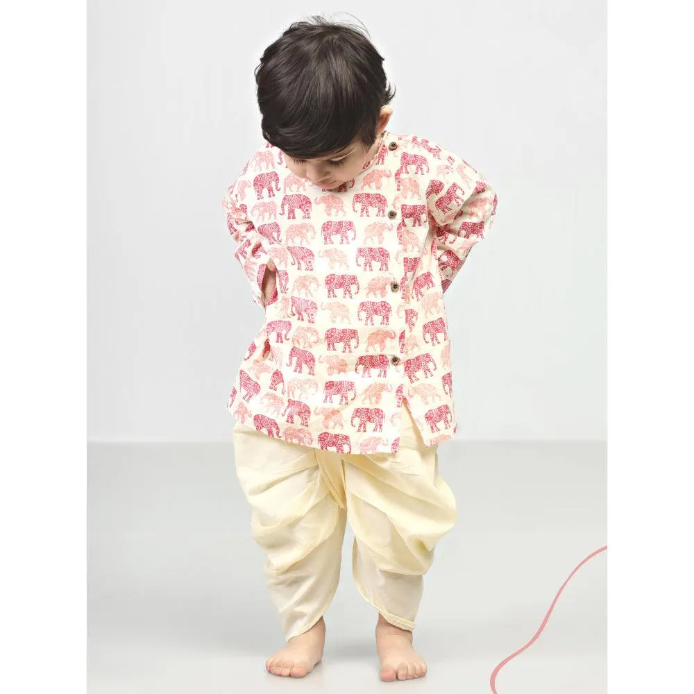 Polka Tots Dhoti Kurta Set for Boys 100% Super Soft Cotton Traditional Ethnic Wear For Kids Red Elephant - Cream