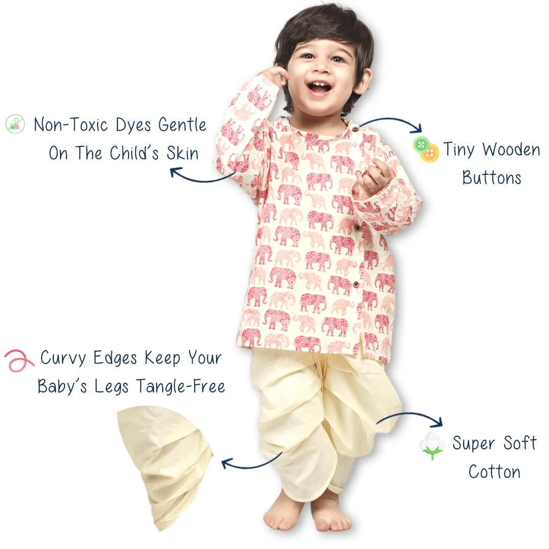 Polka Tots Dhoti Kurta Set for Boys 100% Super Soft Cotton Traditional Ethnic Wear For Kids Red Elephant - Cream