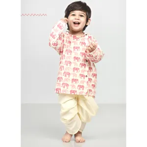 Polka Tots Dhoti Kurta Set for Boys 100% Super Soft Cotton Traditional Ethnic Wear For Kids Red Elephant - Cream