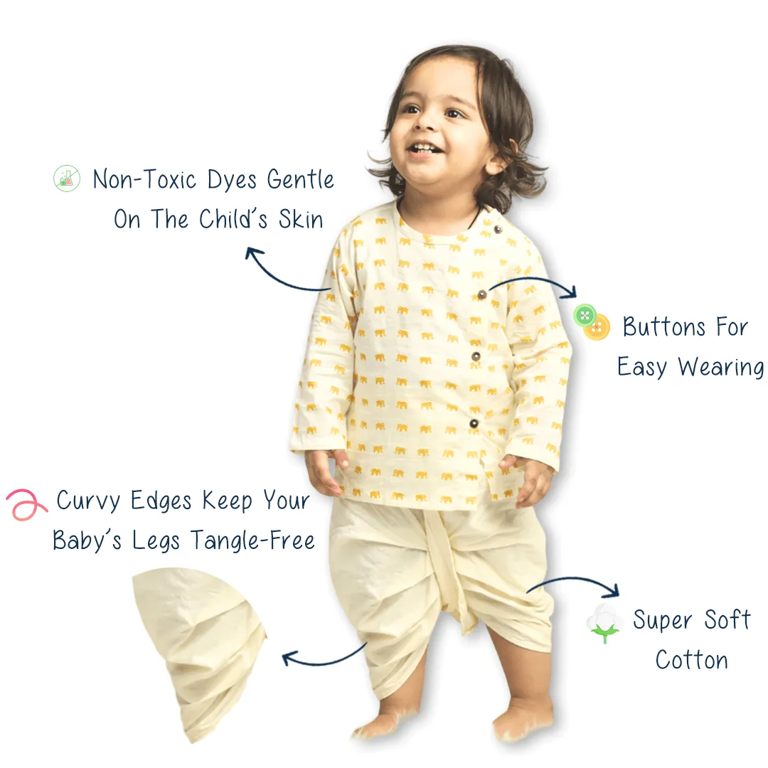 Polka Tots Dhoti Kurta Set for Boys 100% Super Soft Cotton Traditional Ethnic Wear For Kids Yellow Elephant - Cream