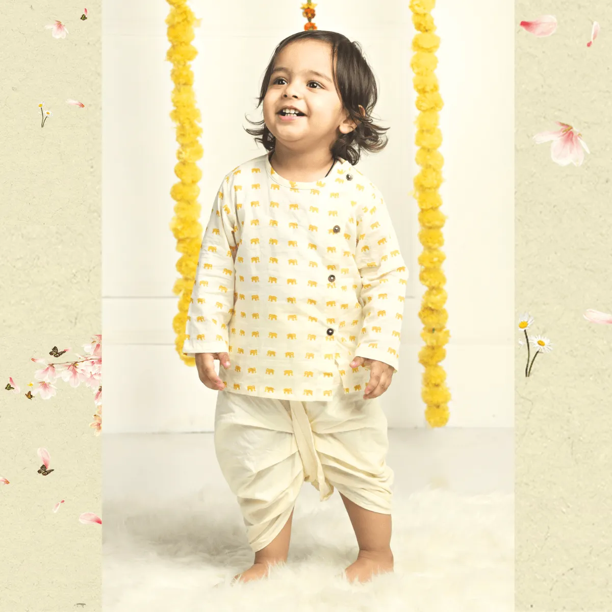 Polka Tots Dhoti Kurta Set for Boys 100% Super Soft Cotton Traditional Ethnic Wear For Kids Yellow Elephant - Cream