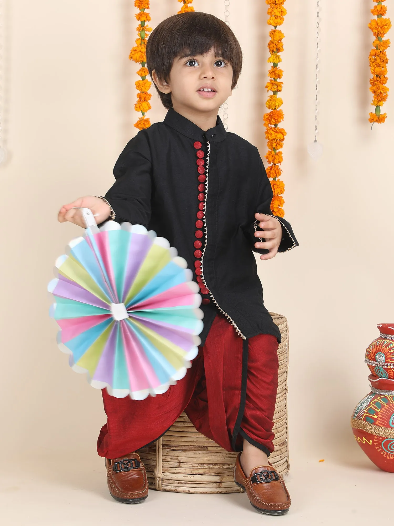 Polka Tots Full Sleeve Angrakha With Dhoti - Black