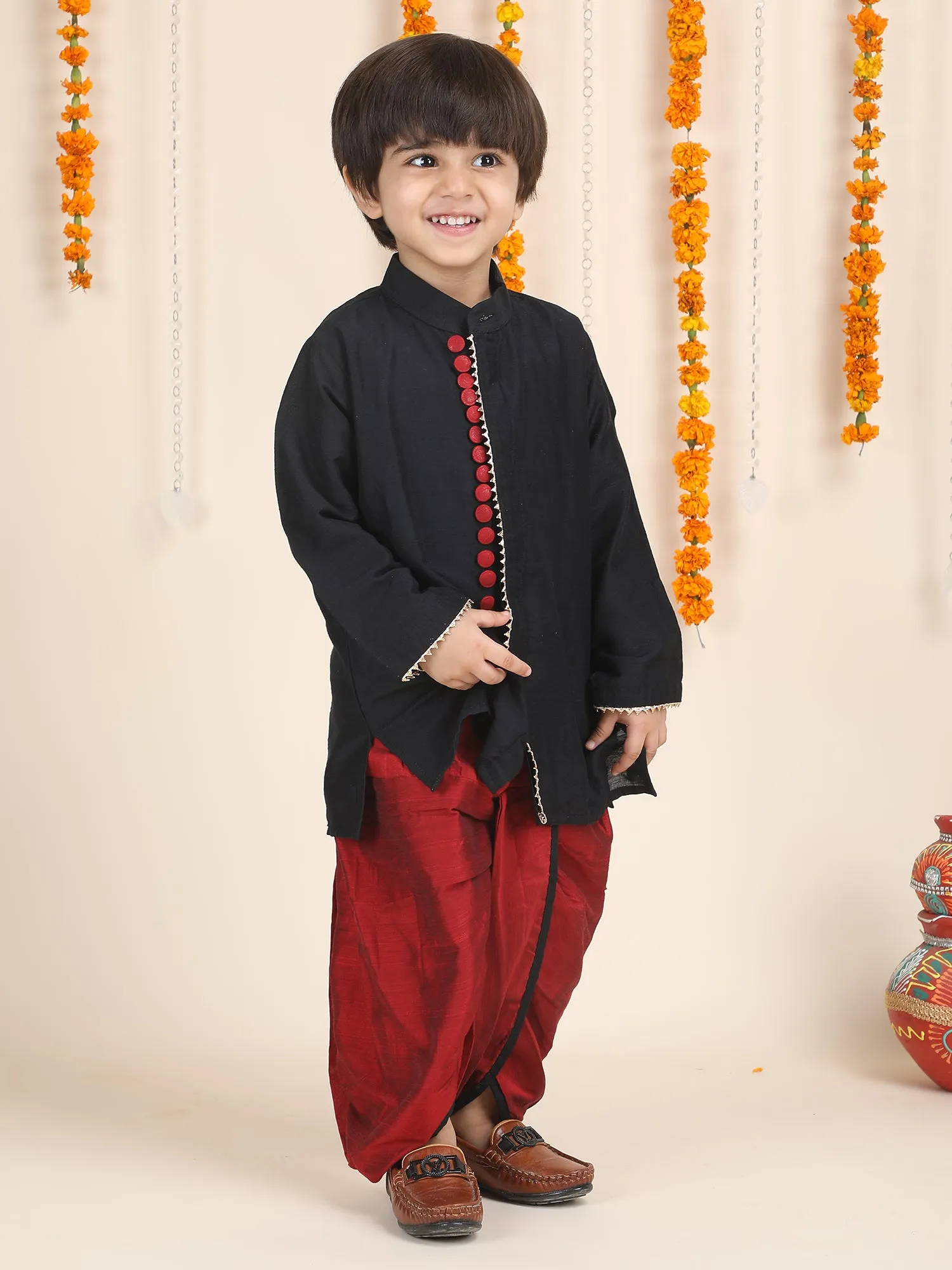 Polka Tots Full Sleeve Angrakha With Dhoti - Black