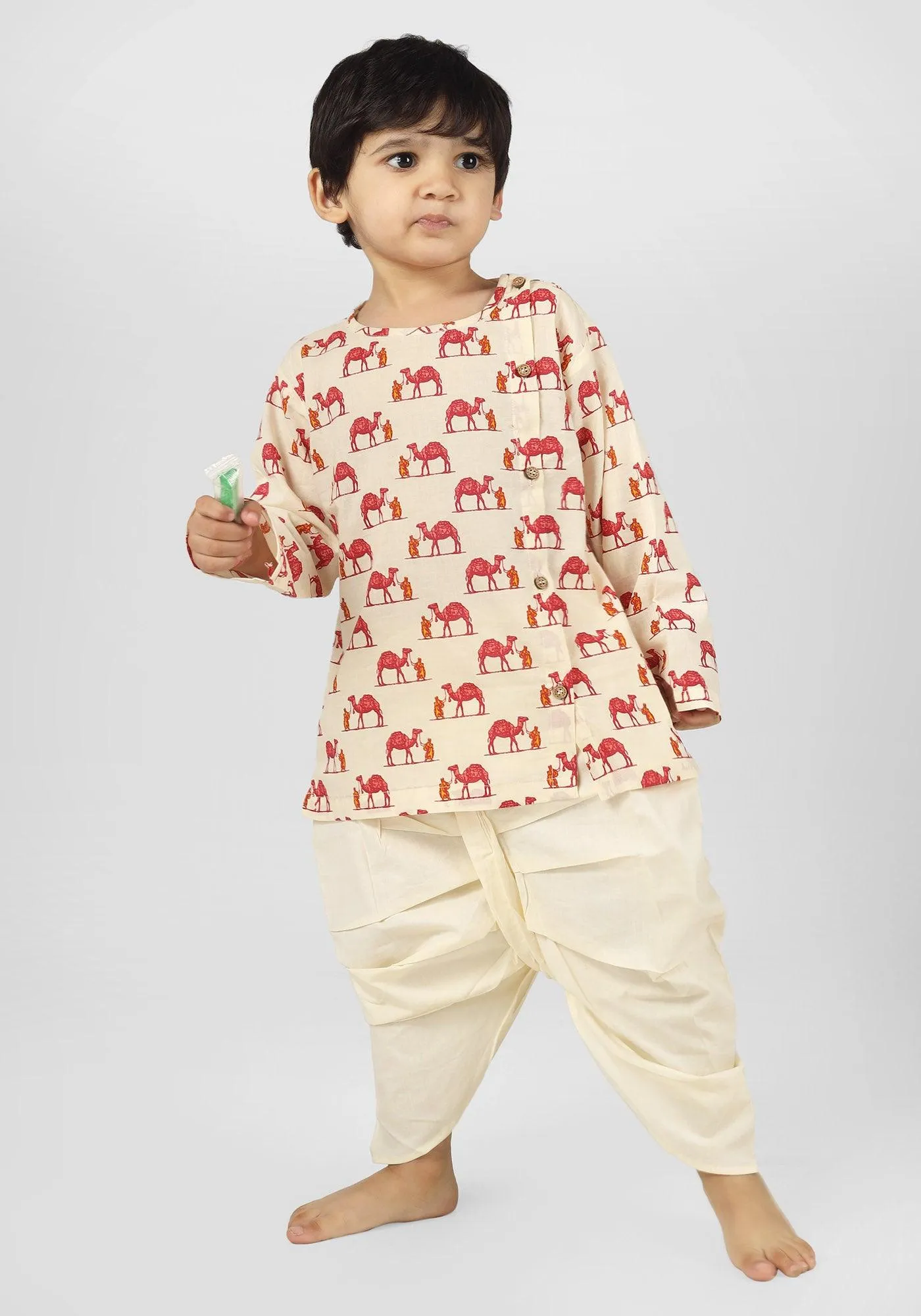 Polka Tots Full Sleeve Camel Print Angrakha Top With Dhoti - Cream