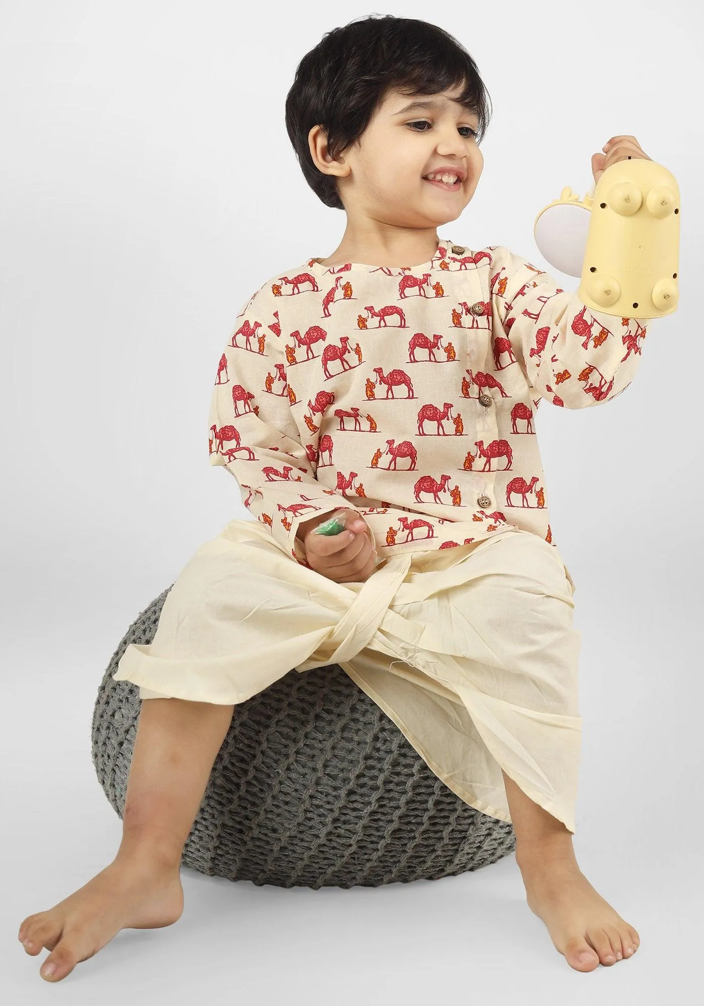 Polka Tots Full Sleeve Camel Print Angrakha Top With Dhoti - Cream