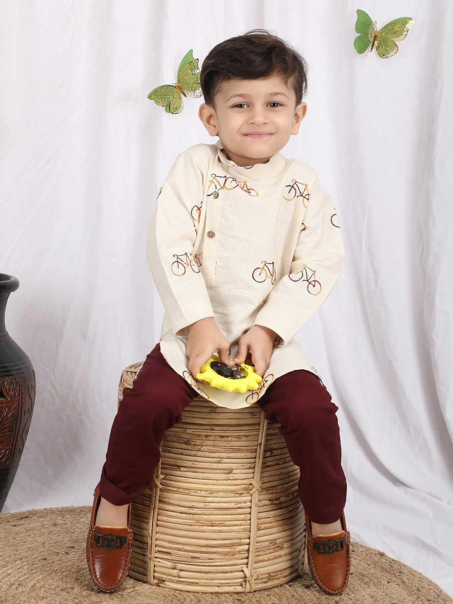 Polka Tots Full Sleeve Cycle Embroidery Kurta Pyjama Set - Cream