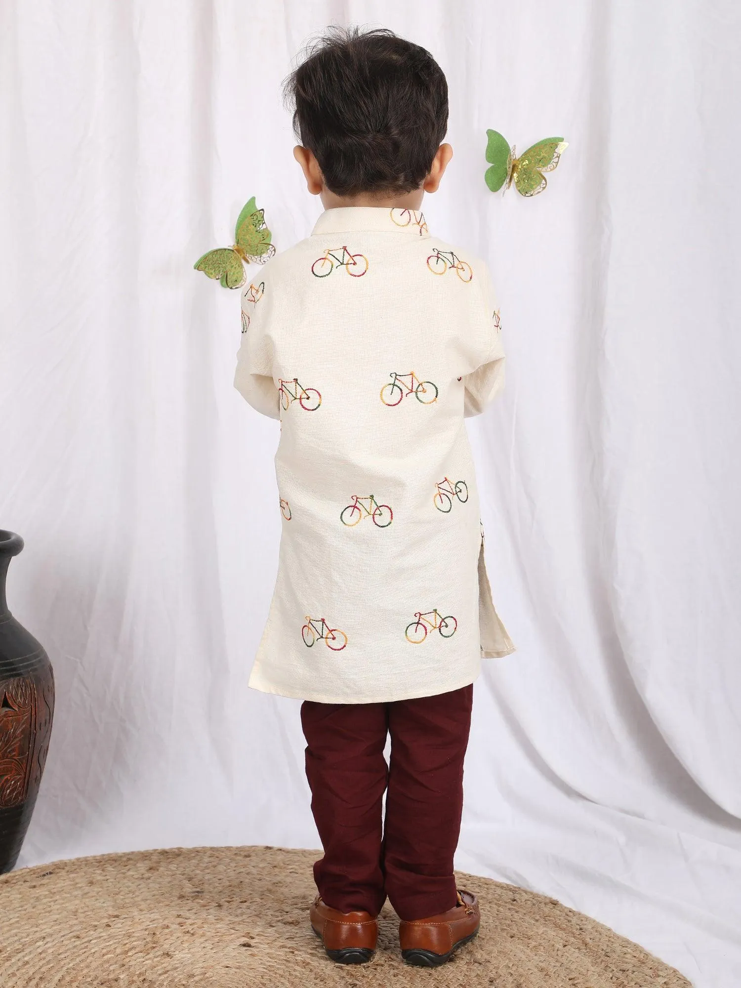 Polka Tots Full Sleeve Cycle Embroidery Kurta Pyjama Set - Cream