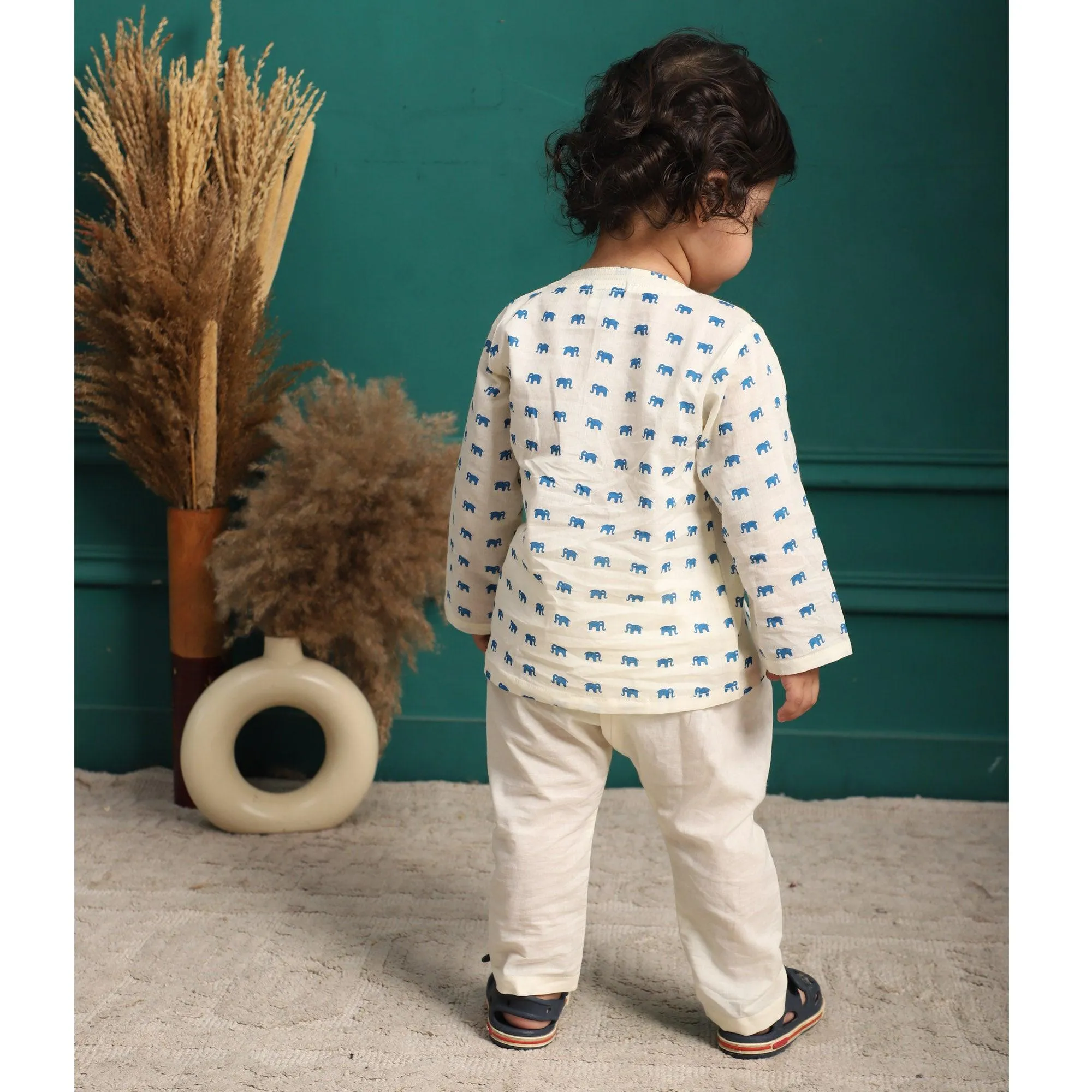 Polka Tots Full Sleeve Elephant Print Front Open Angrakha Kedia Pant Set - Blue