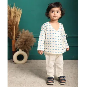 Polka Tots Full Sleeve Elephant Print Front Open Angrakha Kedia Pant Set - Blue