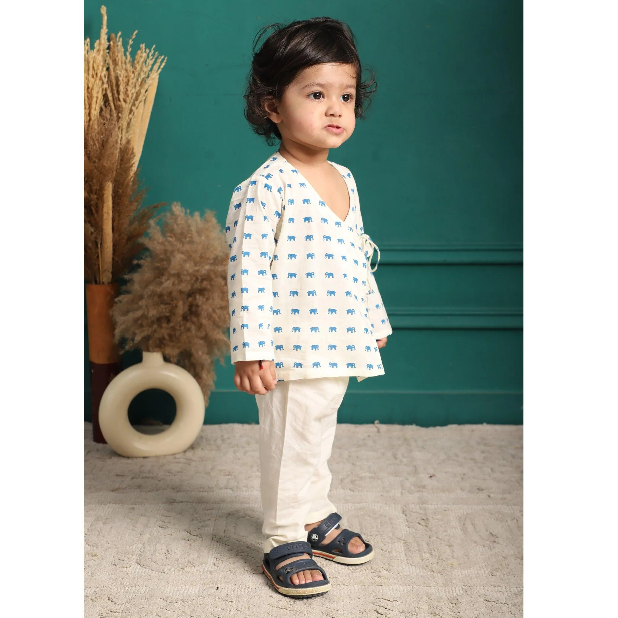 Polka Tots Full Sleeve Elephant Print Front Open Angrakha Kedia Pant Set - Blue