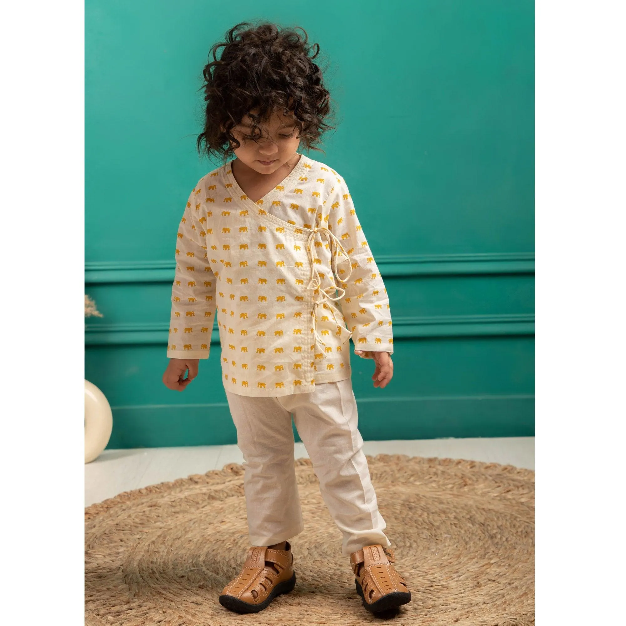 Polka Tots Full Sleeve Elephant Print Front Open Angrakha Kedia Pant Set - Cream