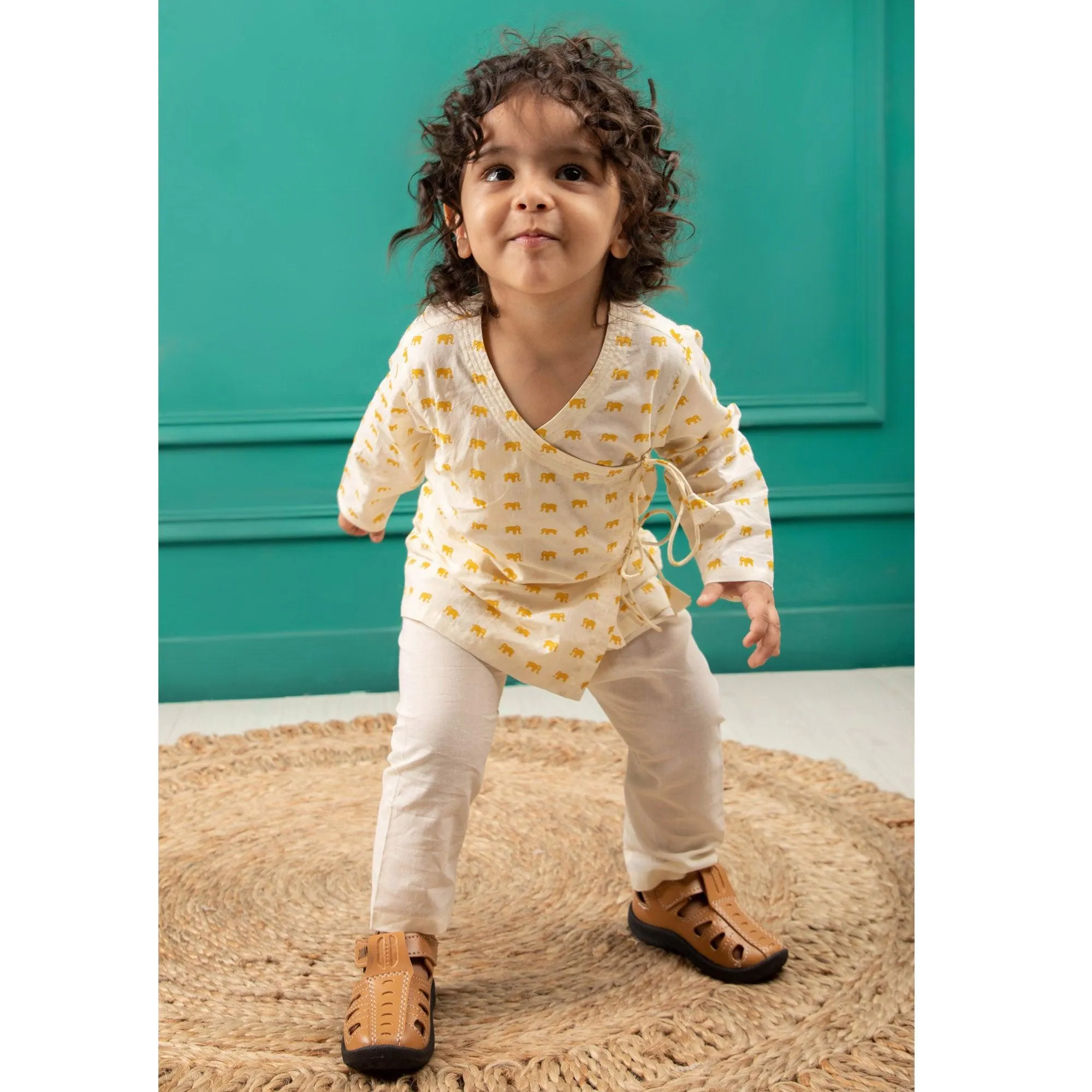 Polka Tots Full Sleeve Elephant Print Front Open Angrakha Kedia Pant Set - Cream