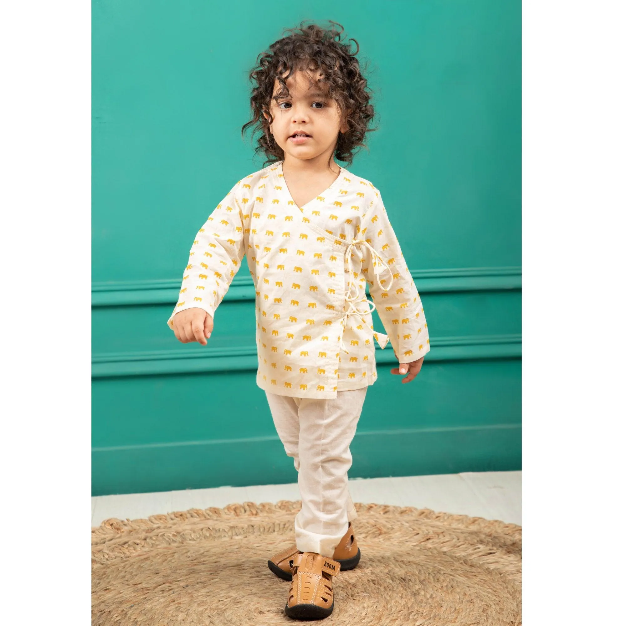 Polka Tots Full Sleeve Elephant Print Front Open Angrakha Kedia Pant Set - Cream