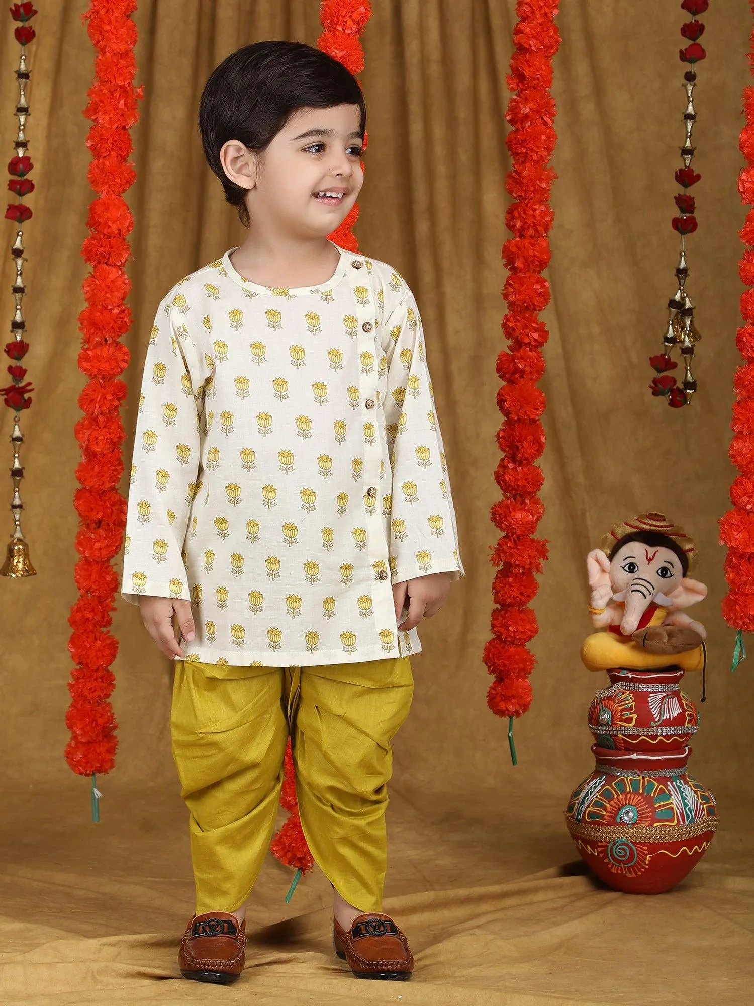 Polka Tots Full Sleeve Floral print Angrakha Top With Dhoti - Yellow