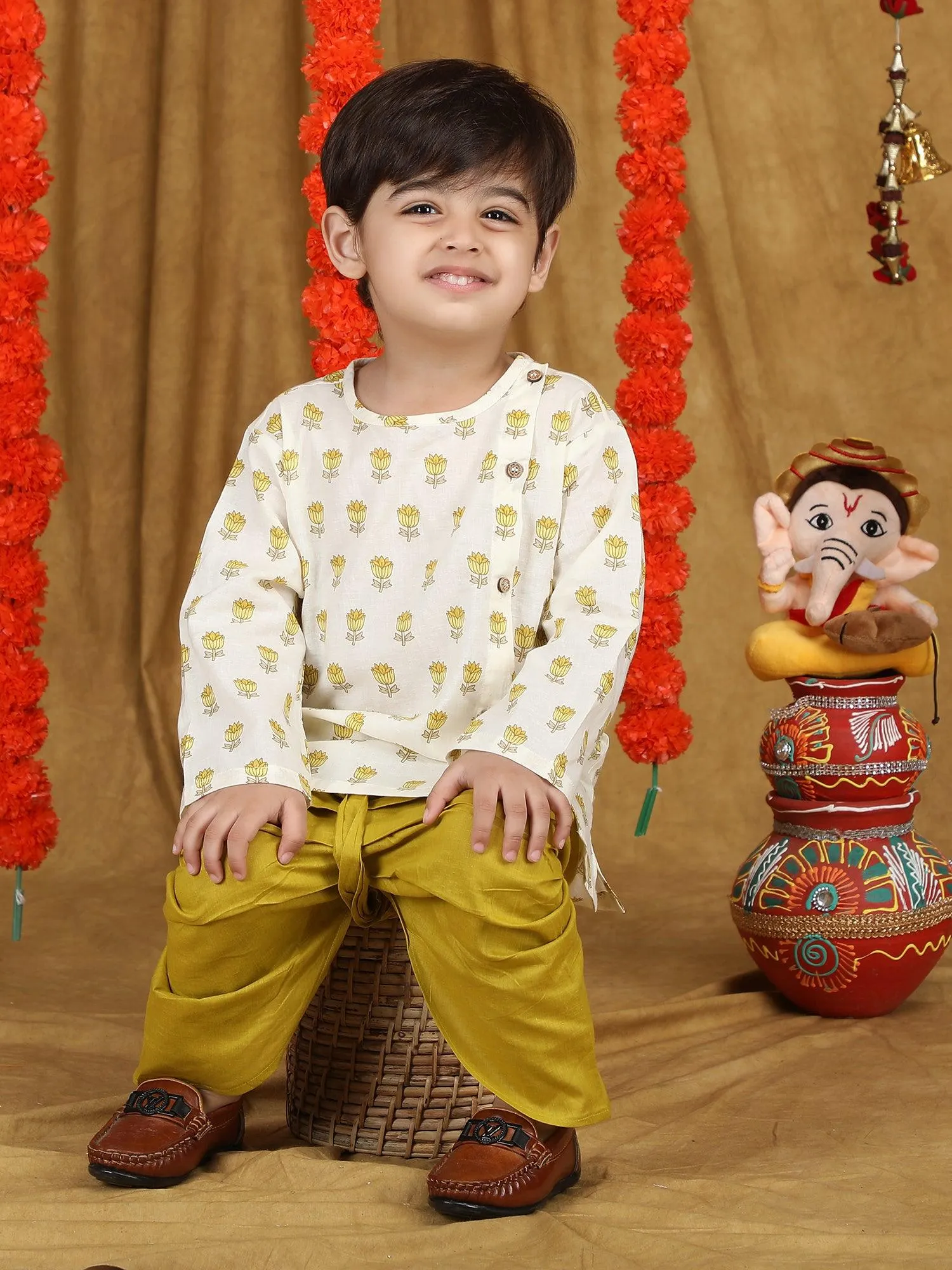 Polka Tots Full Sleeve Floral print Angrakha Top With Dhoti - Yellow