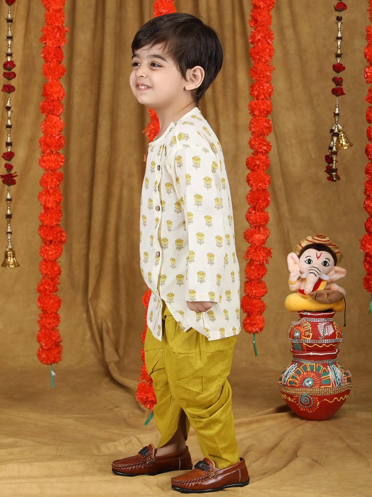 Polka Tots Full Sleeve Floral print Angrakha Top With Dhoti - Yellow