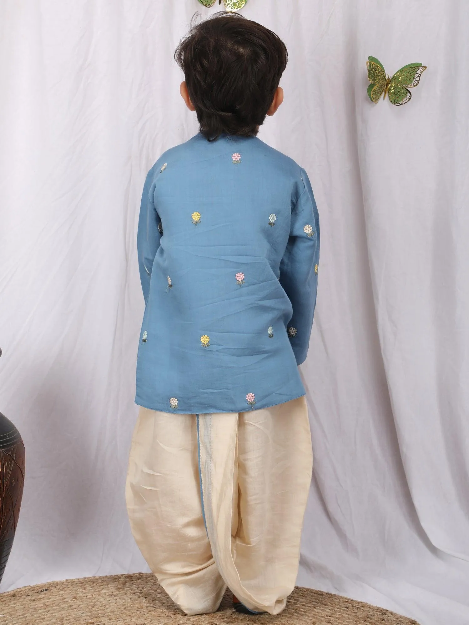 Polka Tots Full sleeve Flower Embroidery Angrakha - Blue