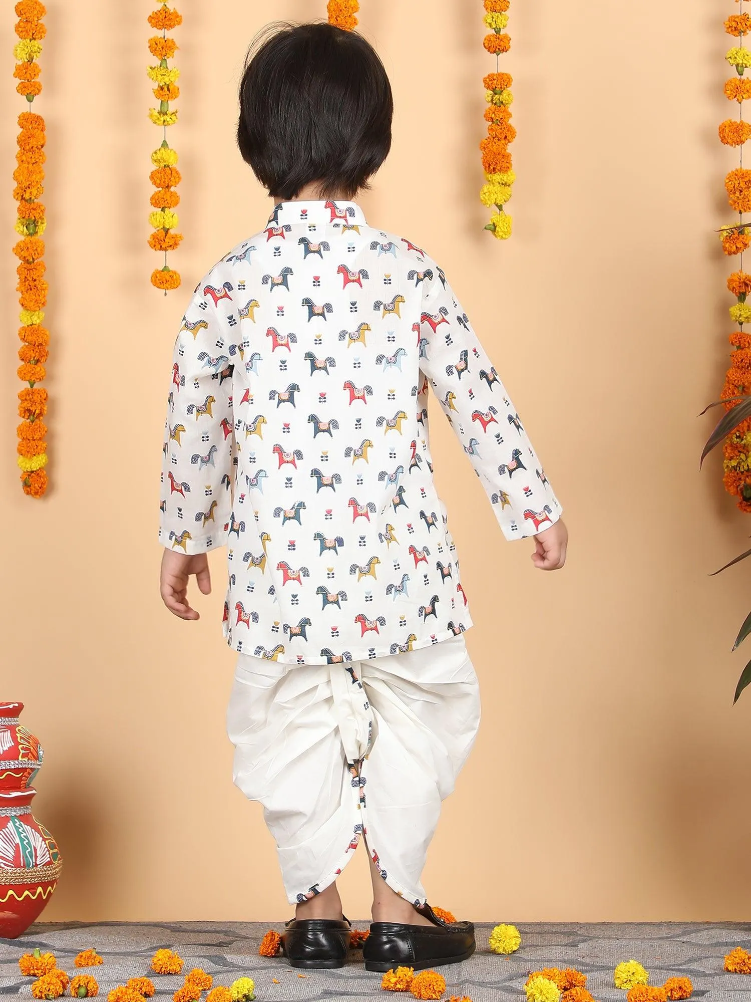 Polka Tots Full Sleeve Horse print Kurta With Dhoti set - Multicolor