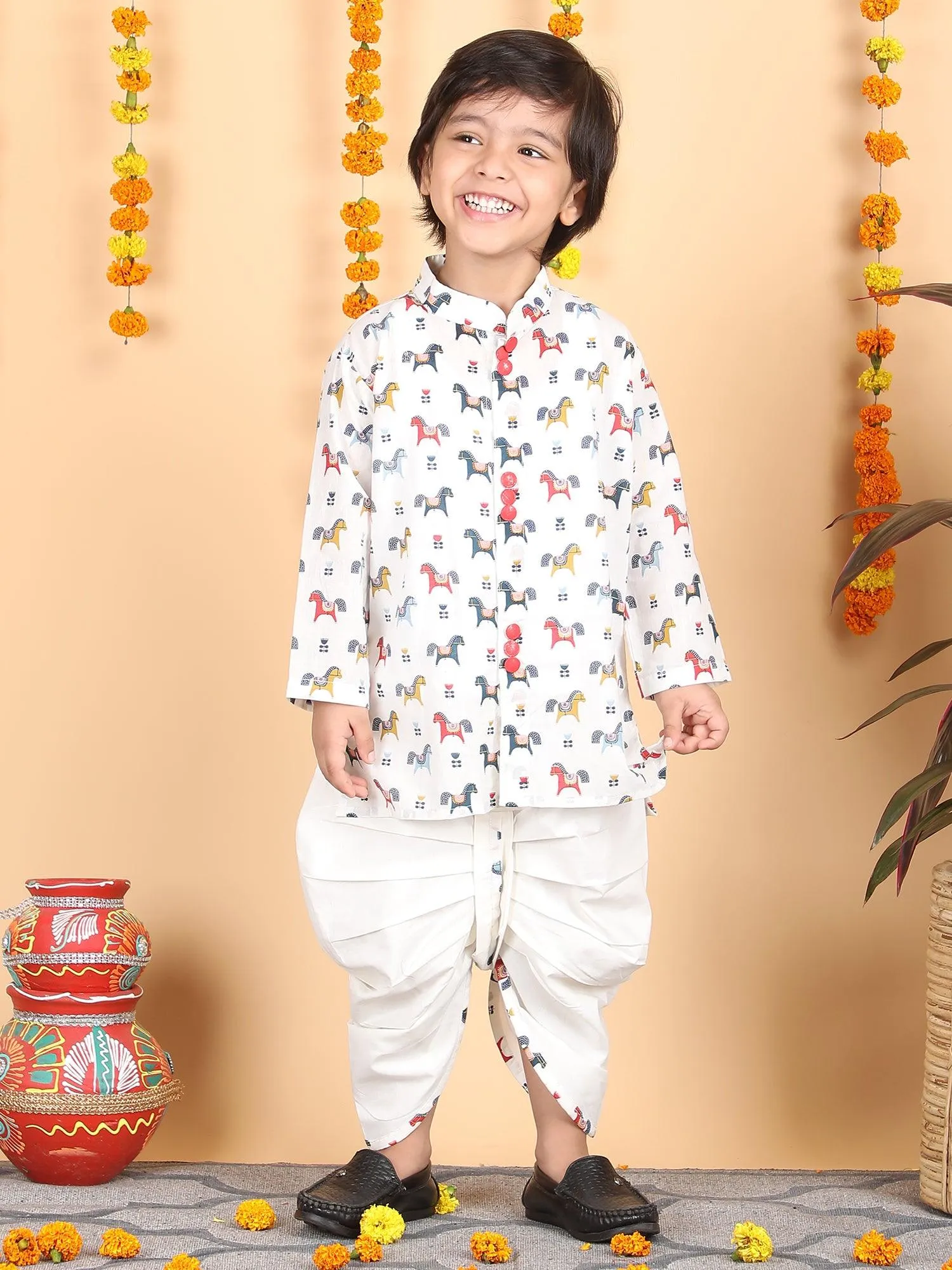 Polka Tots Full Sleeve Horse print Kurta With Dhoti set - Multicolor