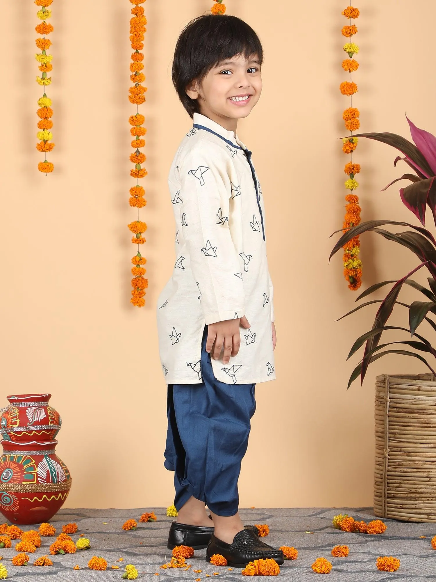 Polka Tots Full Sleeve Origami Embroidery Kurta With Dhoti Set - Blue