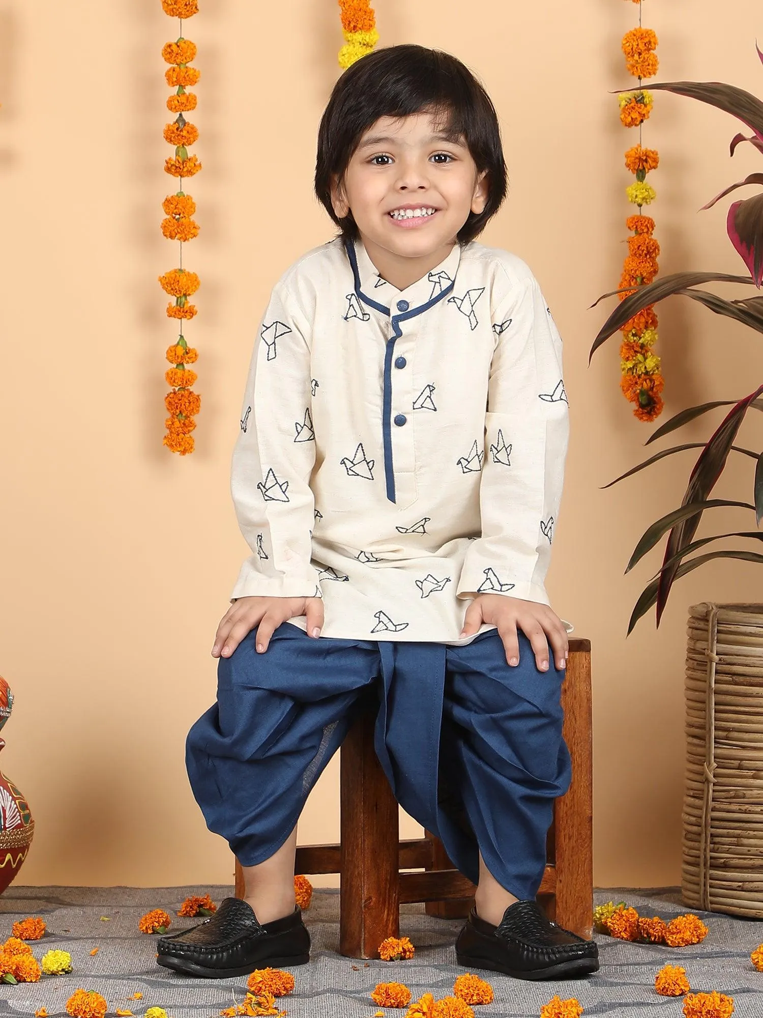 Polka Tots Full Sleeve Origami Embroidery Kurta With Dhoti Set - Blue