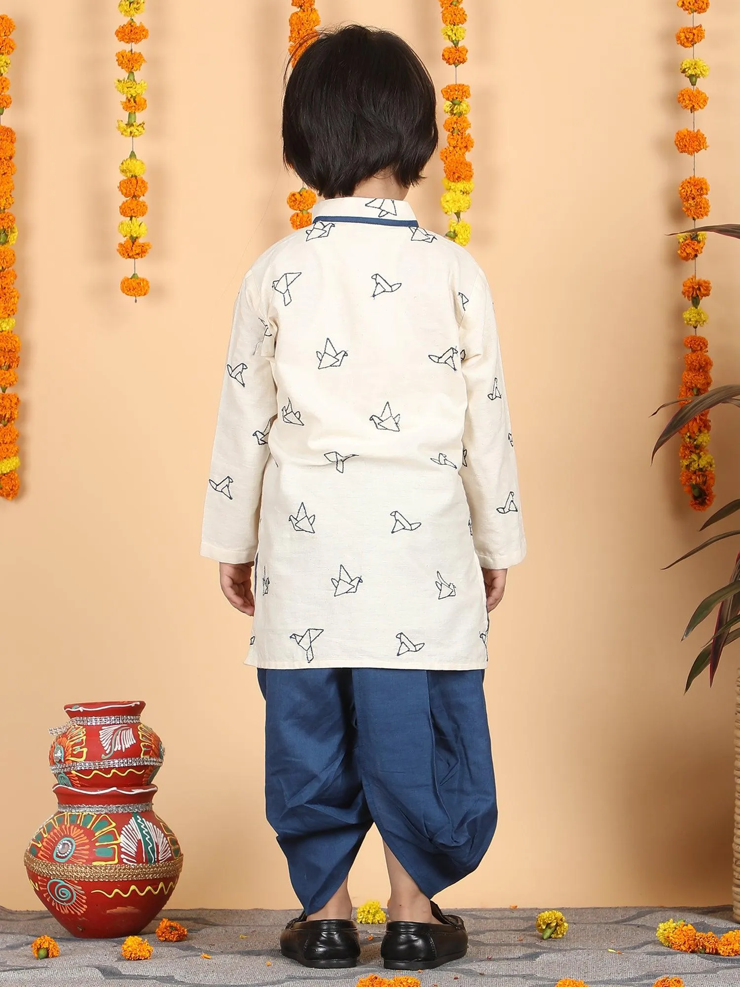 Polka Tots Full Sleeve Origami Embroidery Kurta With Dhoti Set - Blue