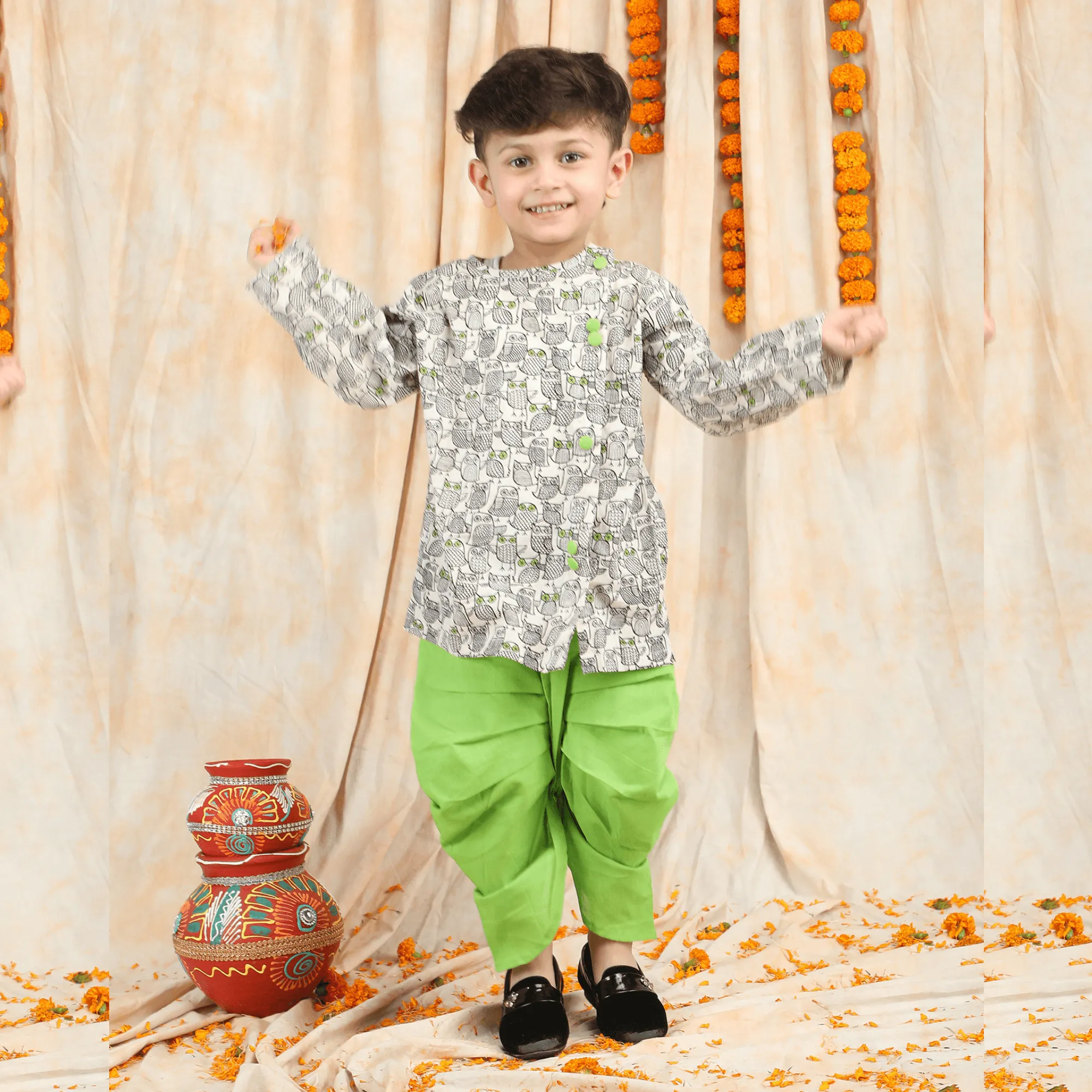 Polka Tots Full Sleeve Owl print Angrakha With Dhoti - Green