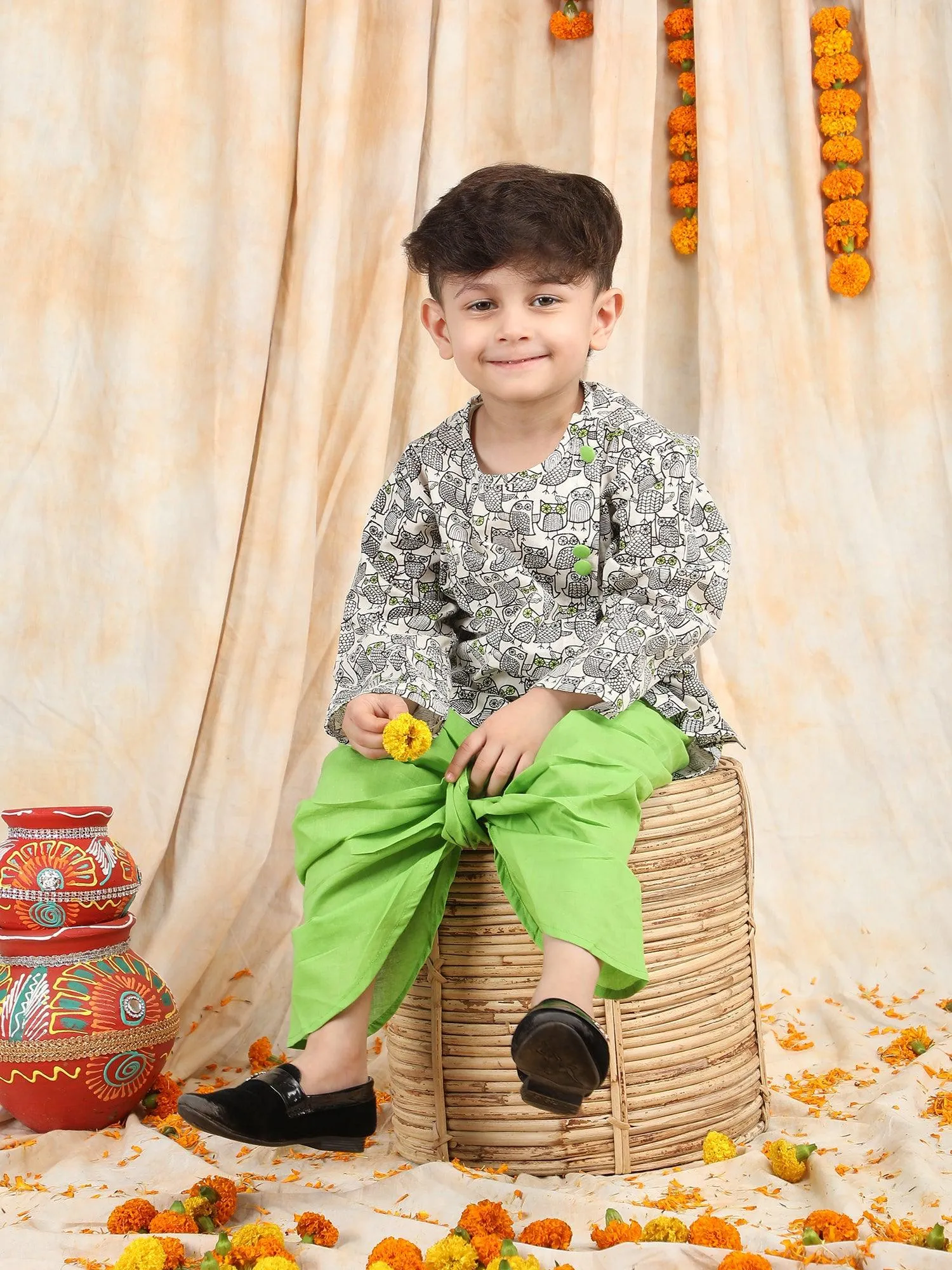 Polka Tots Full Sleeve Owl print Angrakha With Dhoti - Green