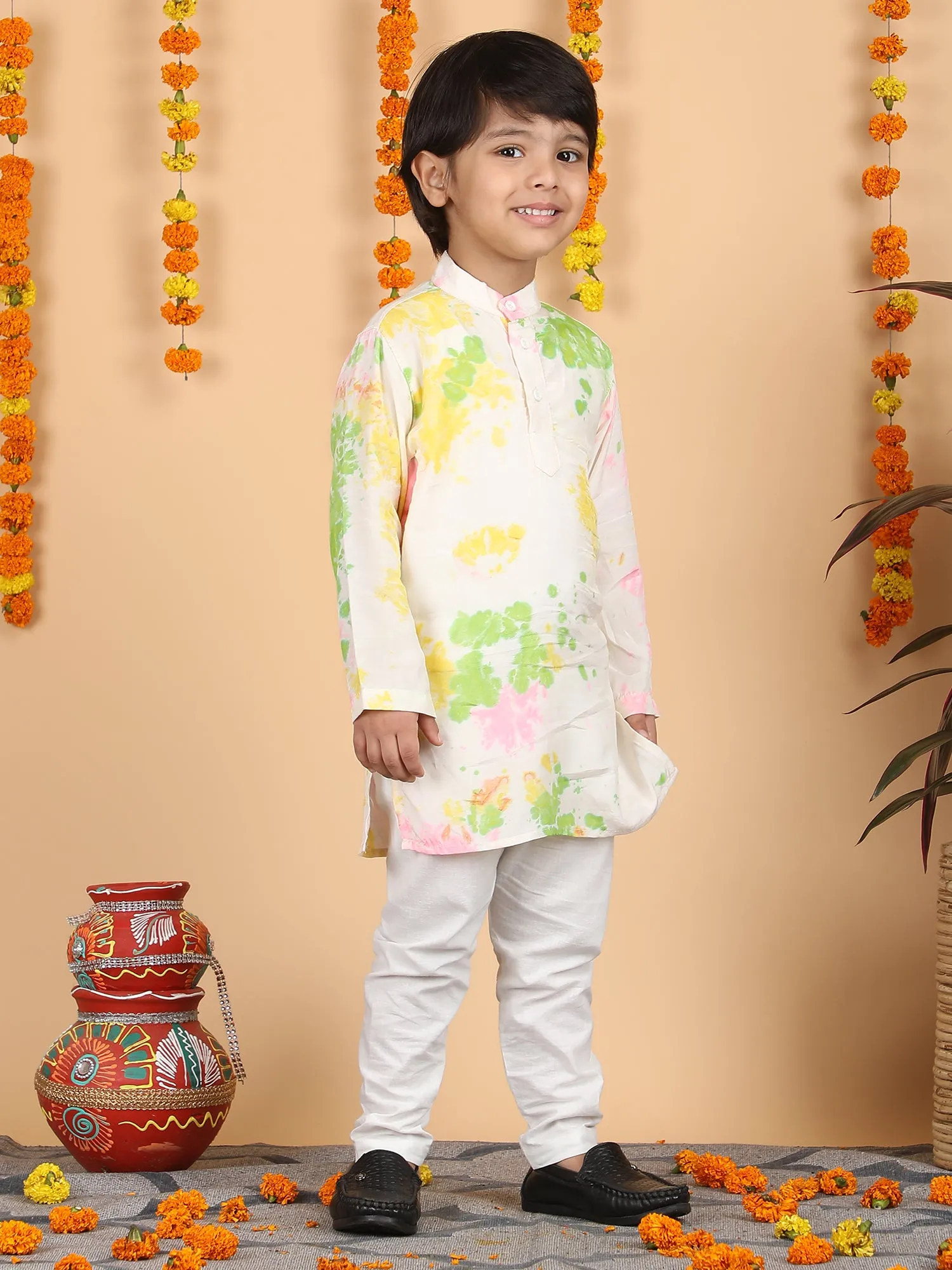 Polka Tots Full Sleeve Splash print Ethnic Kurta Pyjama Set - Multicolor