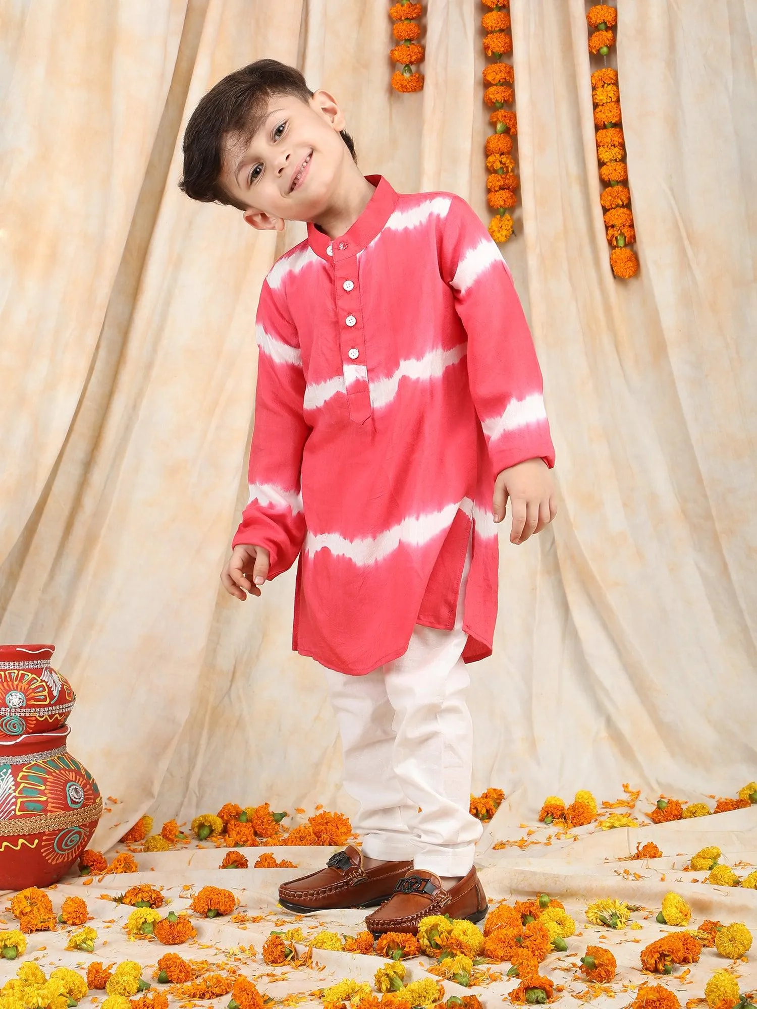 Polka Tots Full Sleeve Tie Dye Stripe Kurta Pyjama Set - Light Red