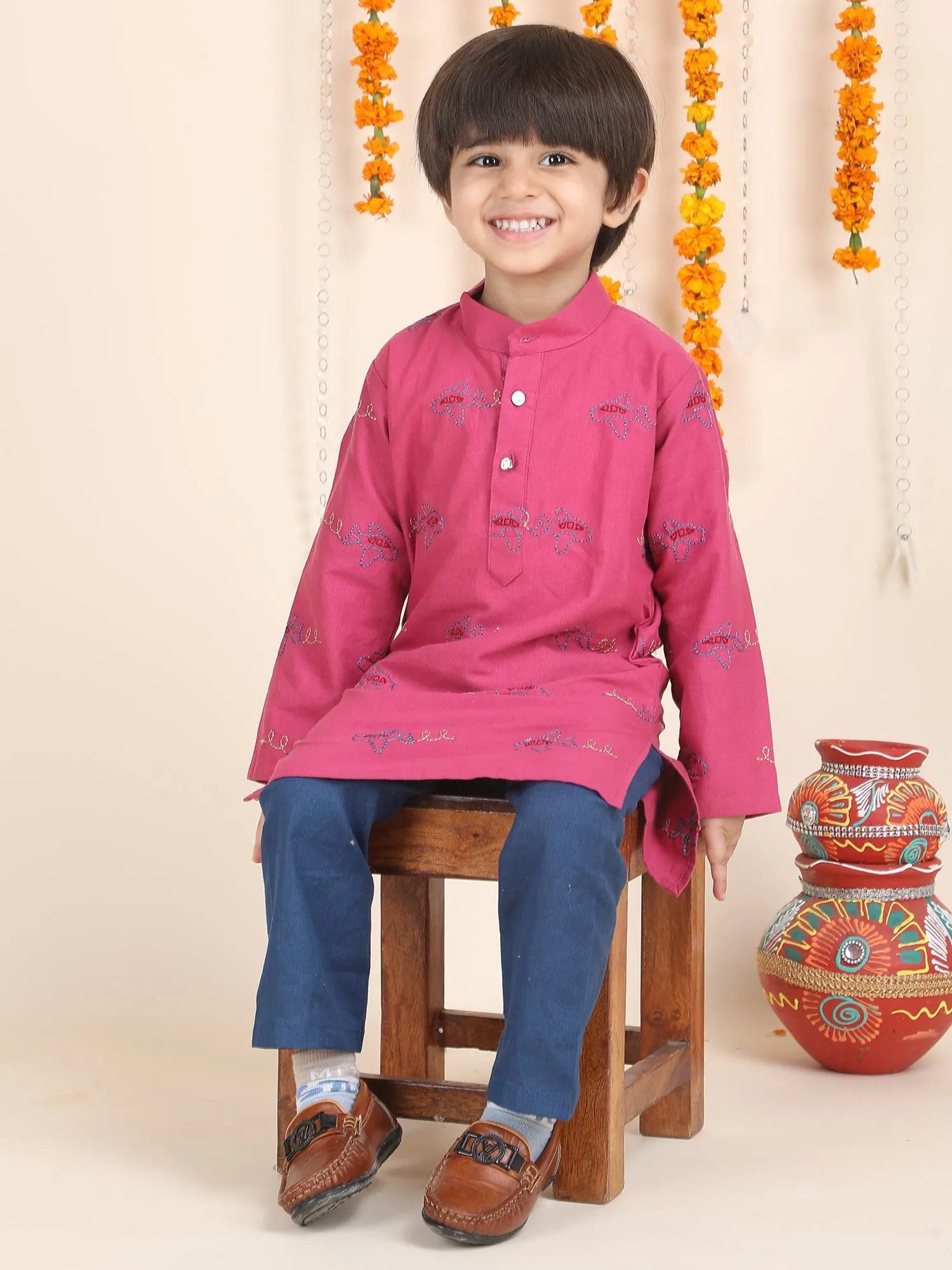 Polka Tots Full Sleeves Aeroplane Embroidery Kurta Pyjama Set - Pink