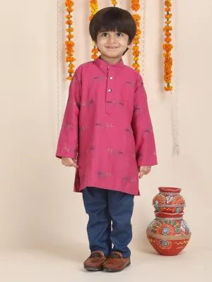 Polka Tots Full Sleeves Aeroplane Embroidery Kurta Pyjama Set - Pink