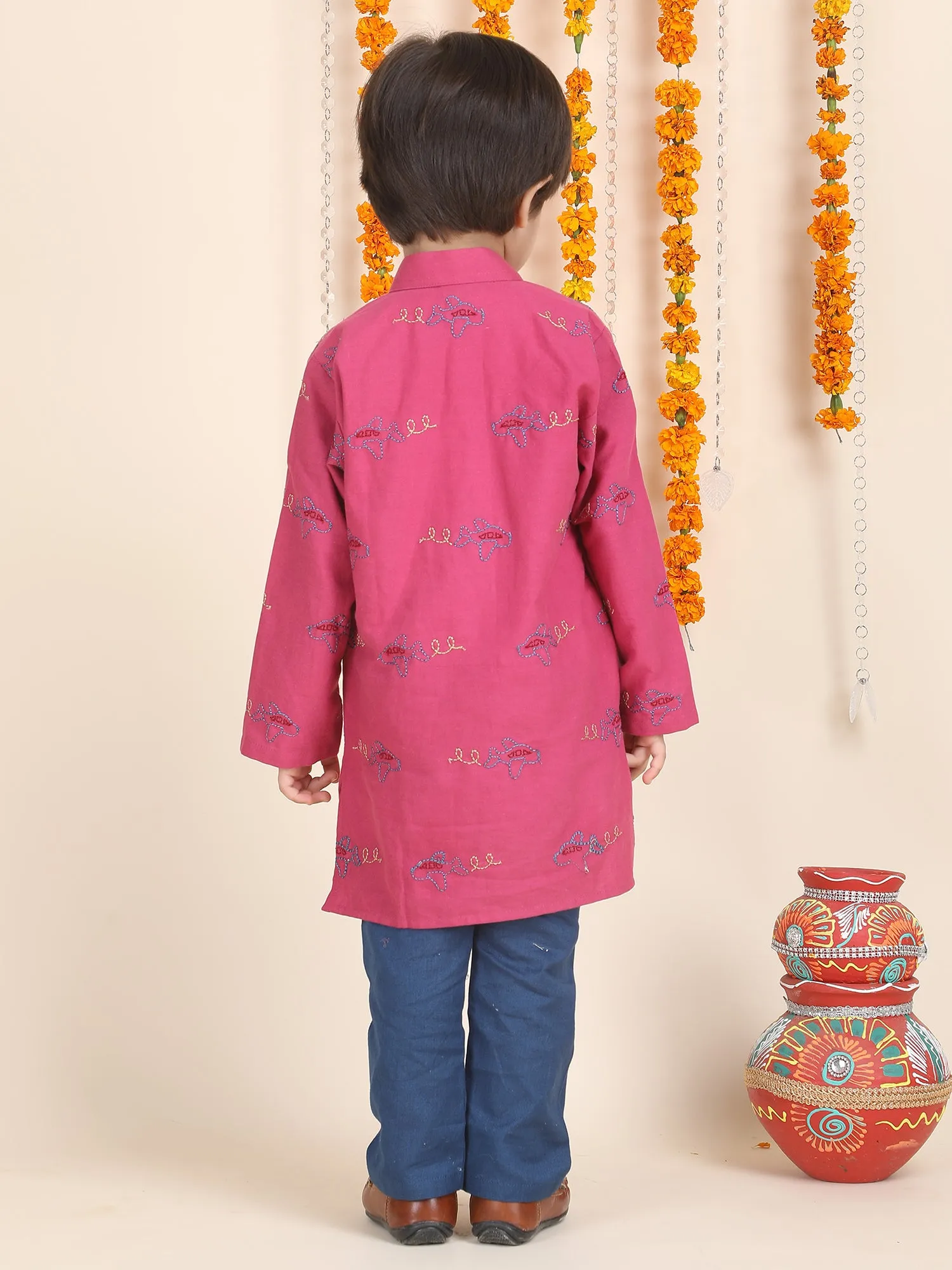 Polka Tots Full Sleeves Aeroplane Embroidery Kurta Pyjama Set - Pink