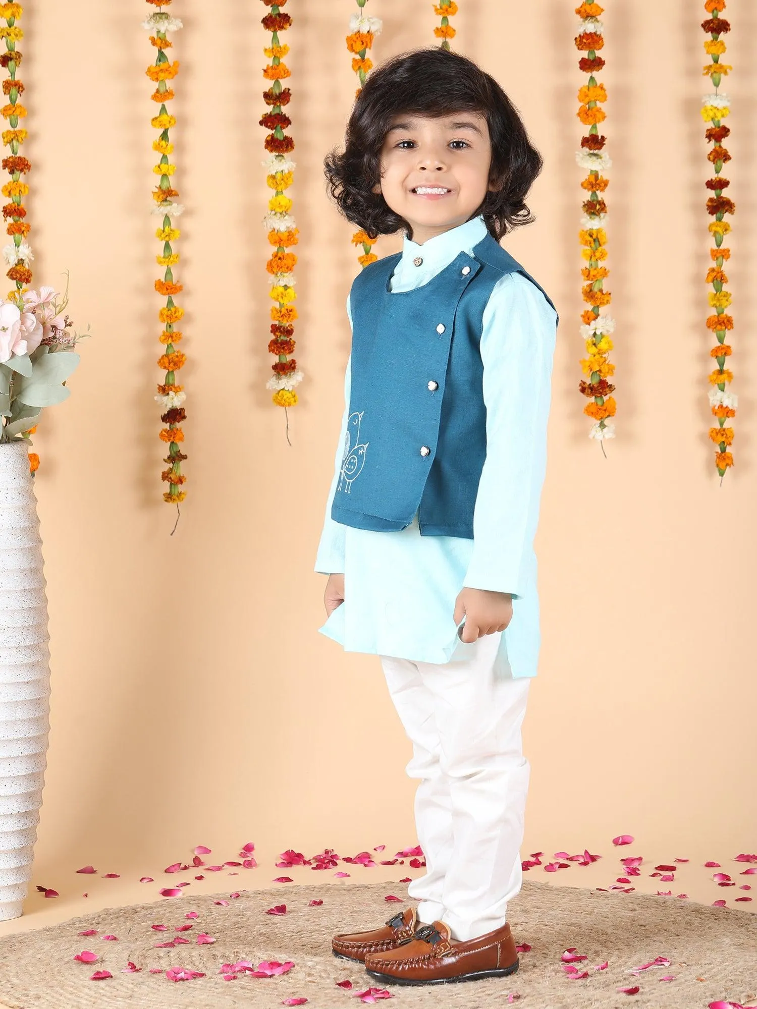 Polka Tots Full sleeves Birds Embroidery Koti Kurta Pyjama - Blue