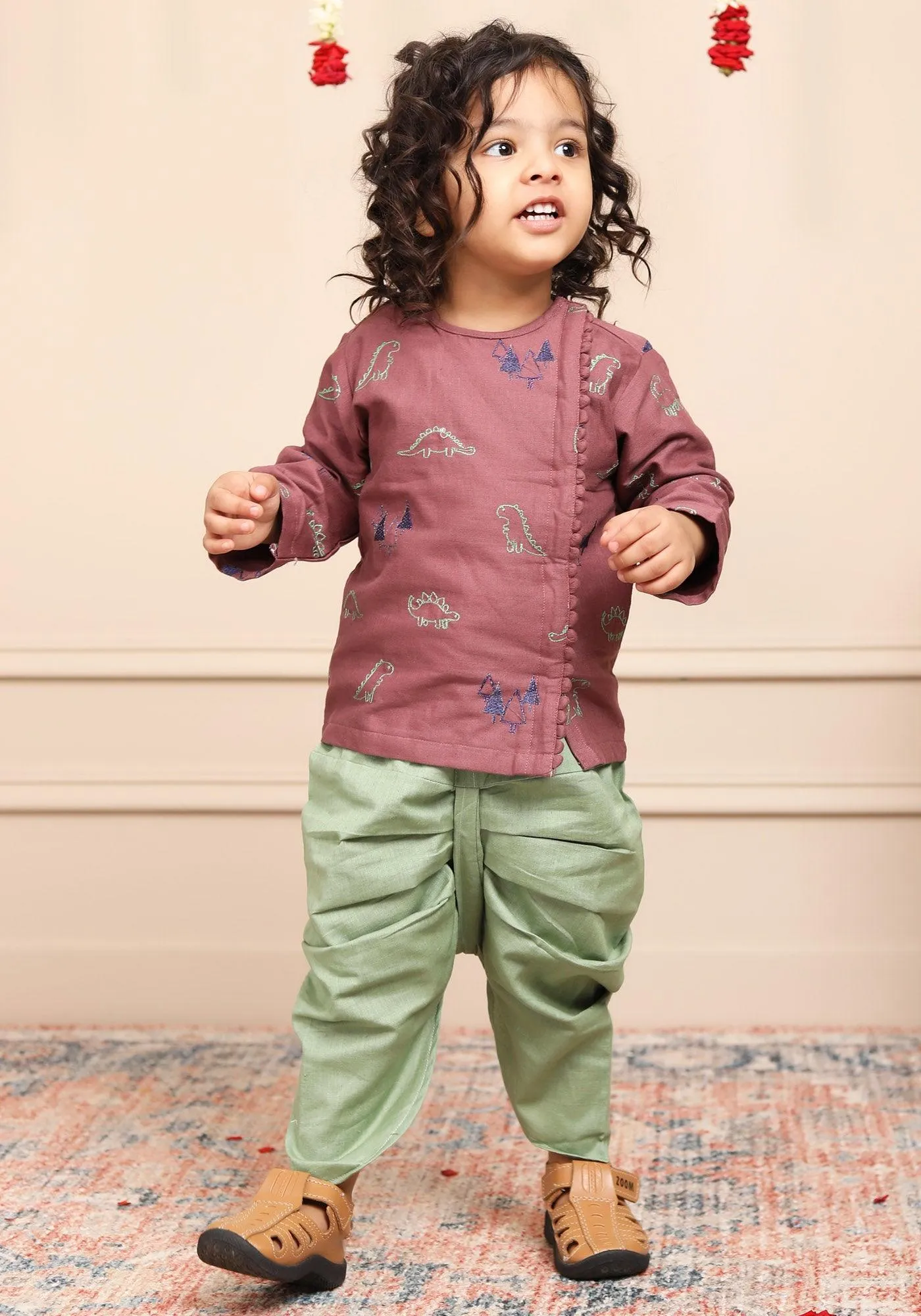 Polka Tots Full Sleeves Dinosaur Embroidery Angrakha with Dhoti - Dusty Pink