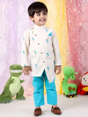 Polka Tots Full Sleeves Flamingo Embroidery Kurta Pyjama Set - White