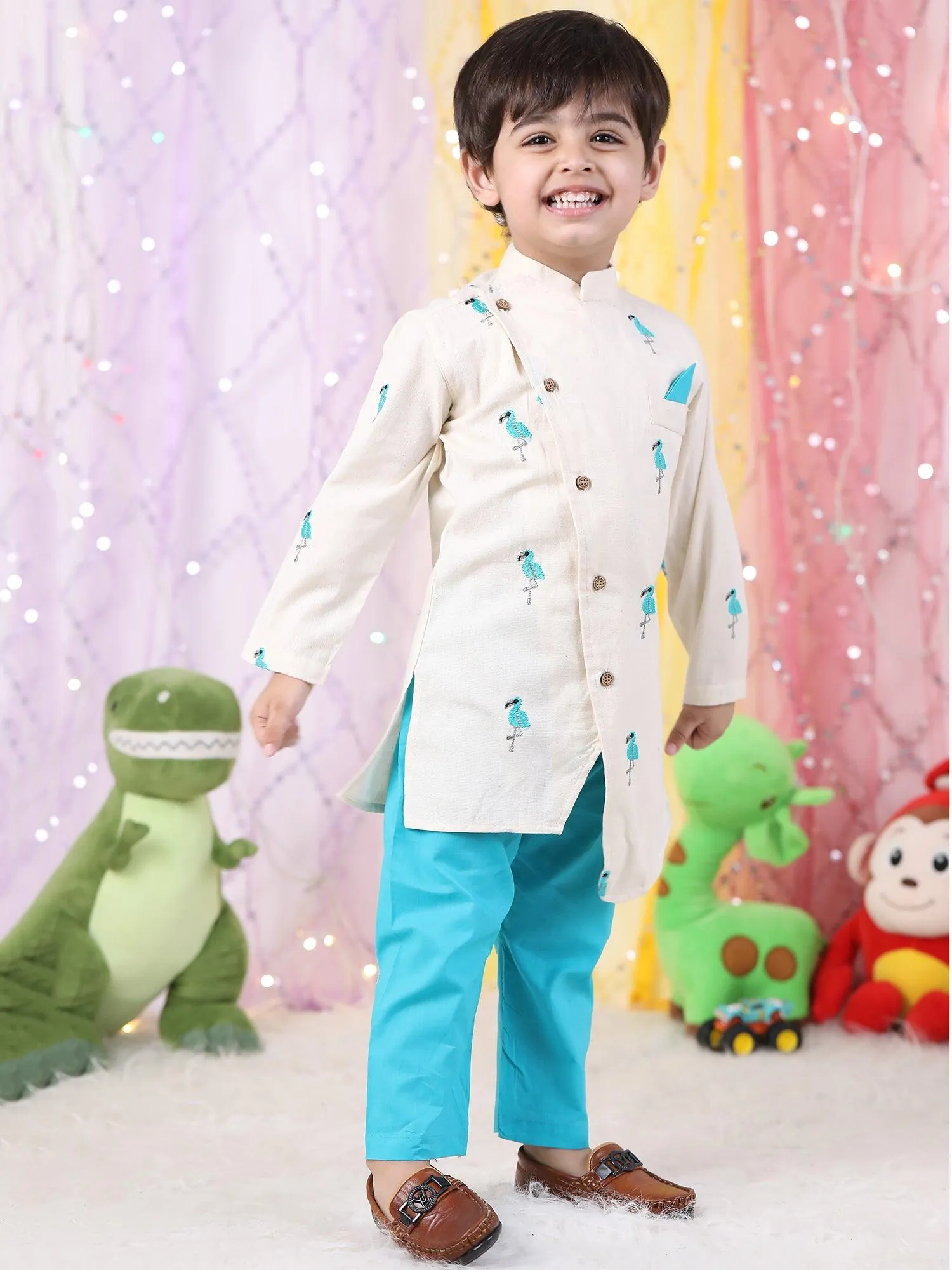 Polka Tots Full Sleeves Flamingo Embroidery Kurta Pyjama Set - White