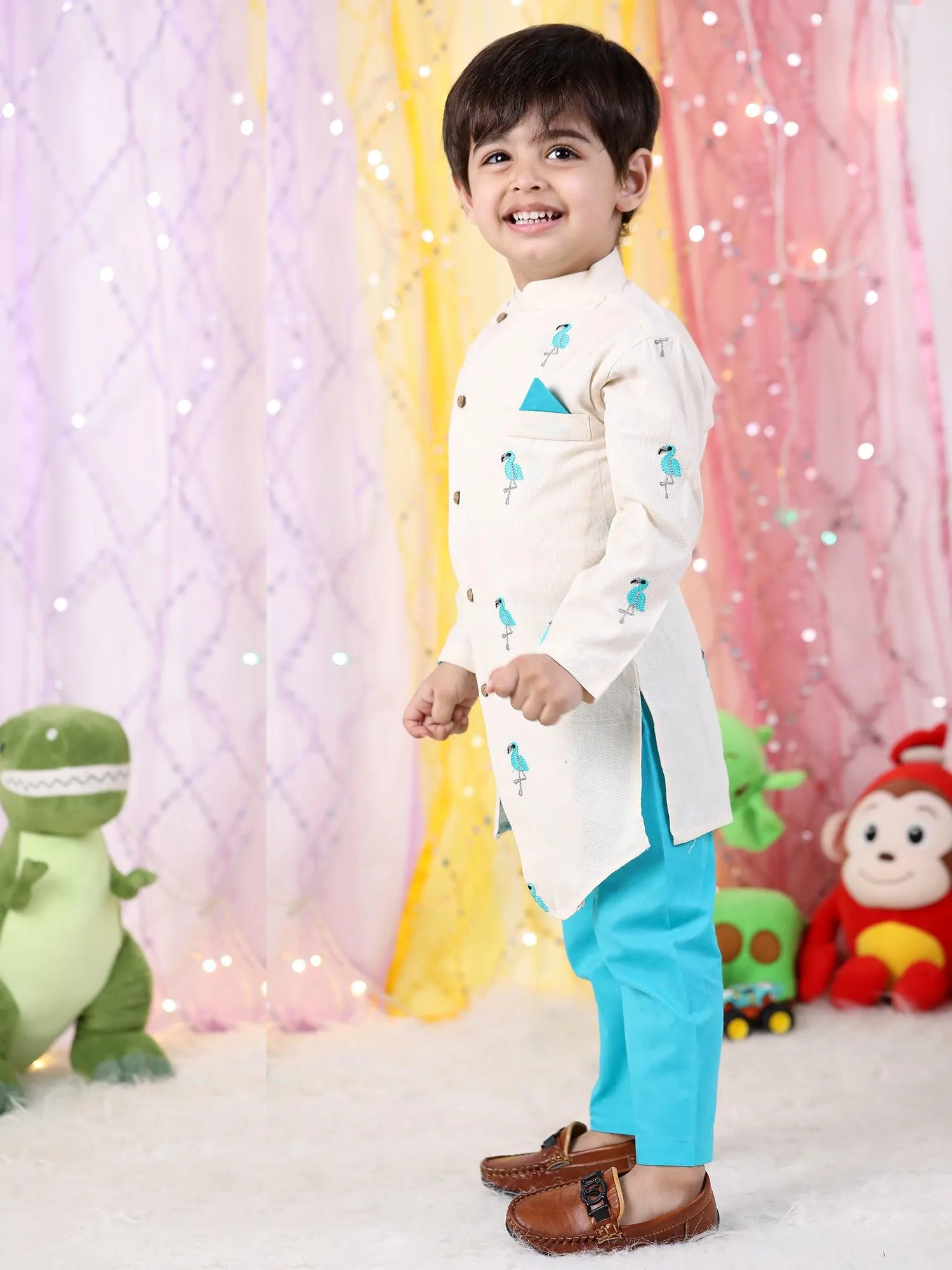 Polka Tots Full Sleeves Flamingo Embroidery Kurta Pyjama Set - White