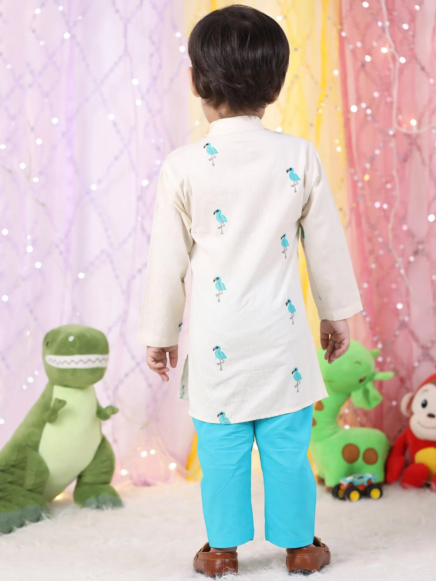 Polka Tots Full Sleeves Flamingo Embroidery Kurta Pyjama Set - White