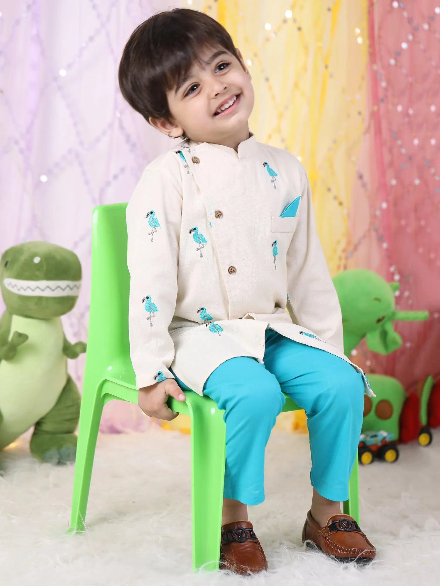 Polka Tots Full Sleeves Flamingo Embroidery Kurta Pyjama Set - White