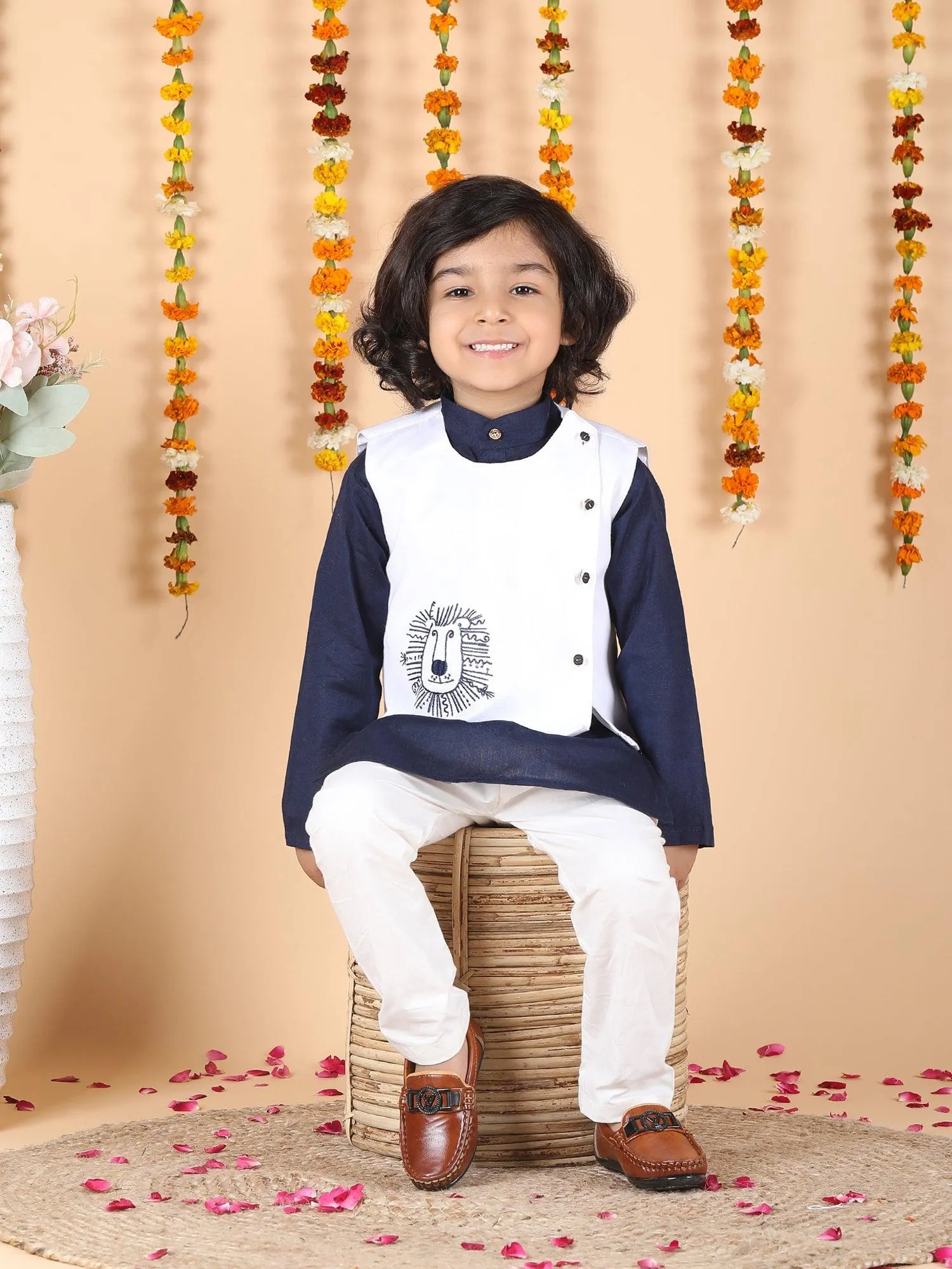 Polka Tots Full sleeves Lion Embroidery Koti Kurta Pyjama - Navy Blue